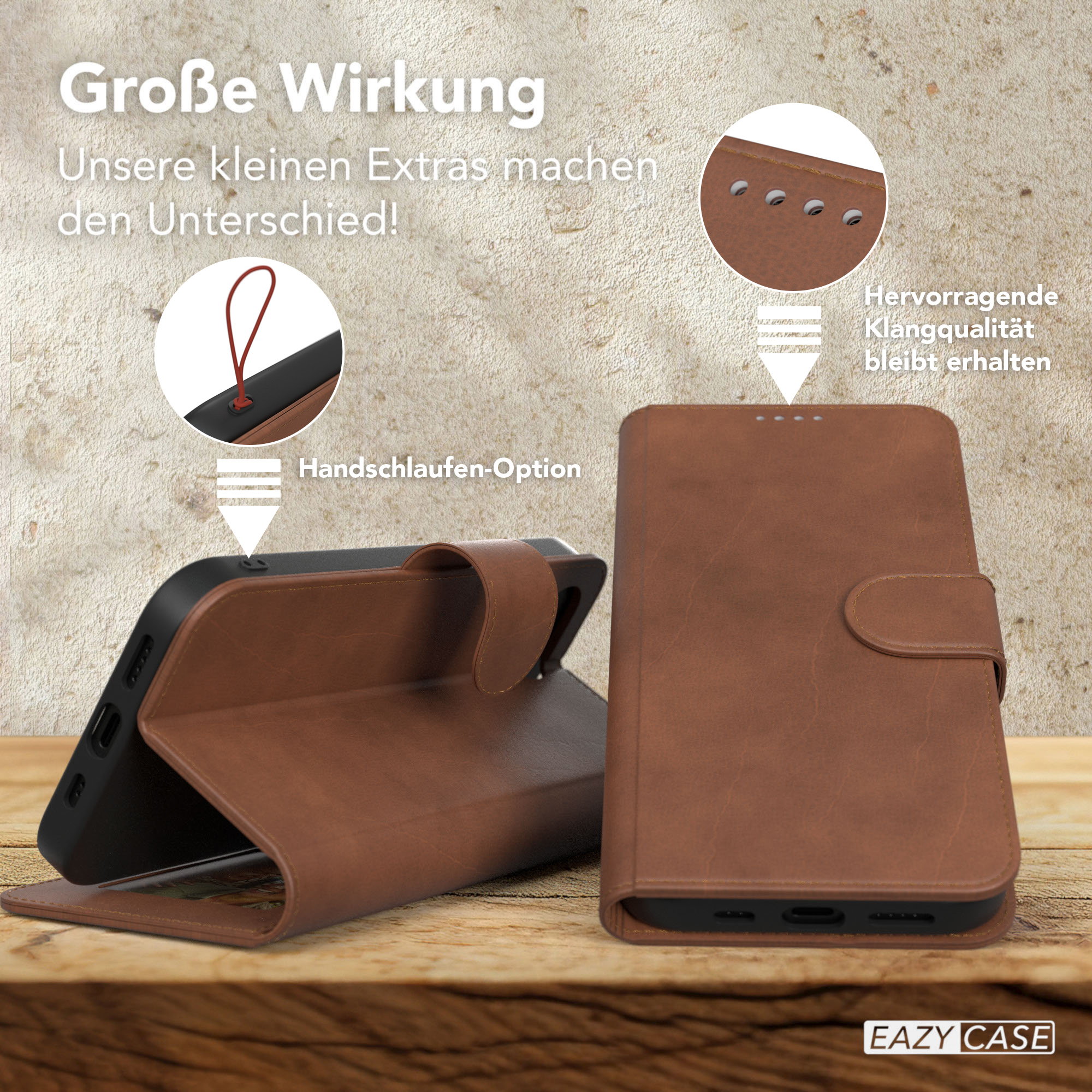 Eine braune Handyhülle, geöffnet und geschlossen, auf einer Holzoberfläche, mit Textüberlagerungen.