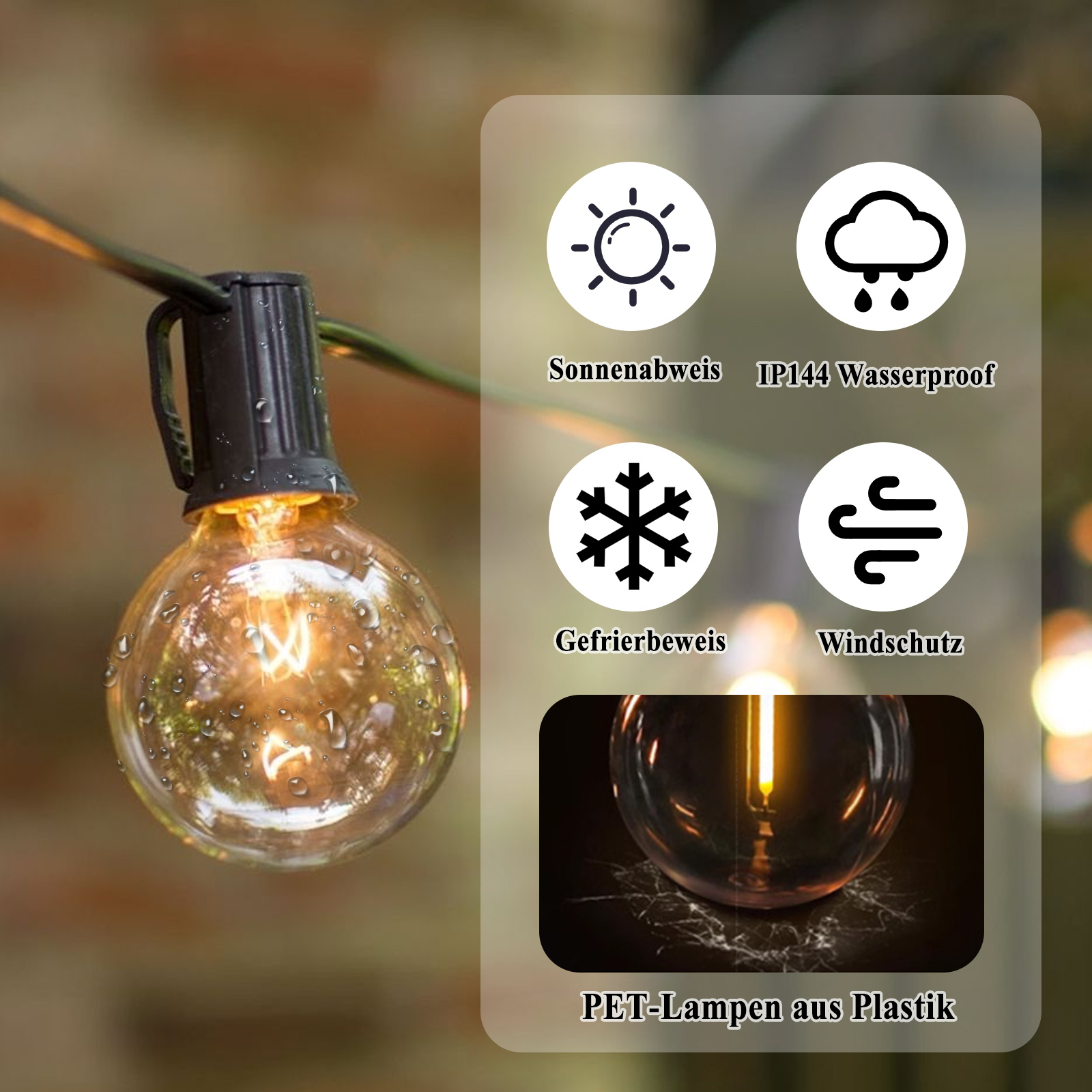 Nahaufnahme einer Lichterketten-Glühbirne mit Wettersymbolen und Textüberlagerung.