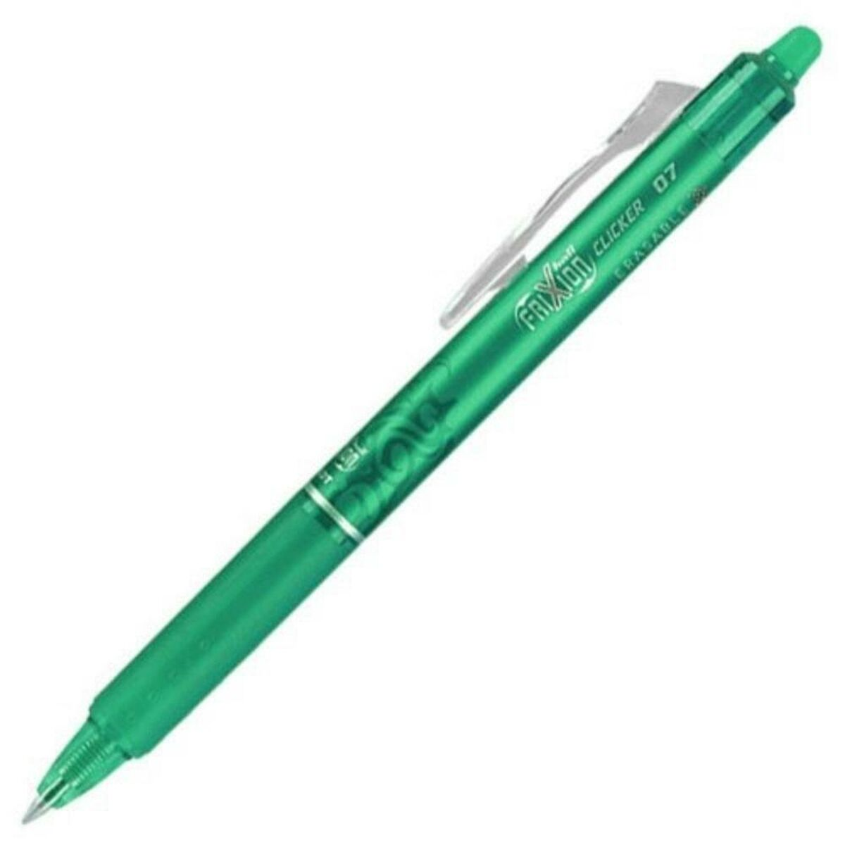 Grüner, löschbarer Stift mit silbernem Clip. Der Stift ist geschlossen.
