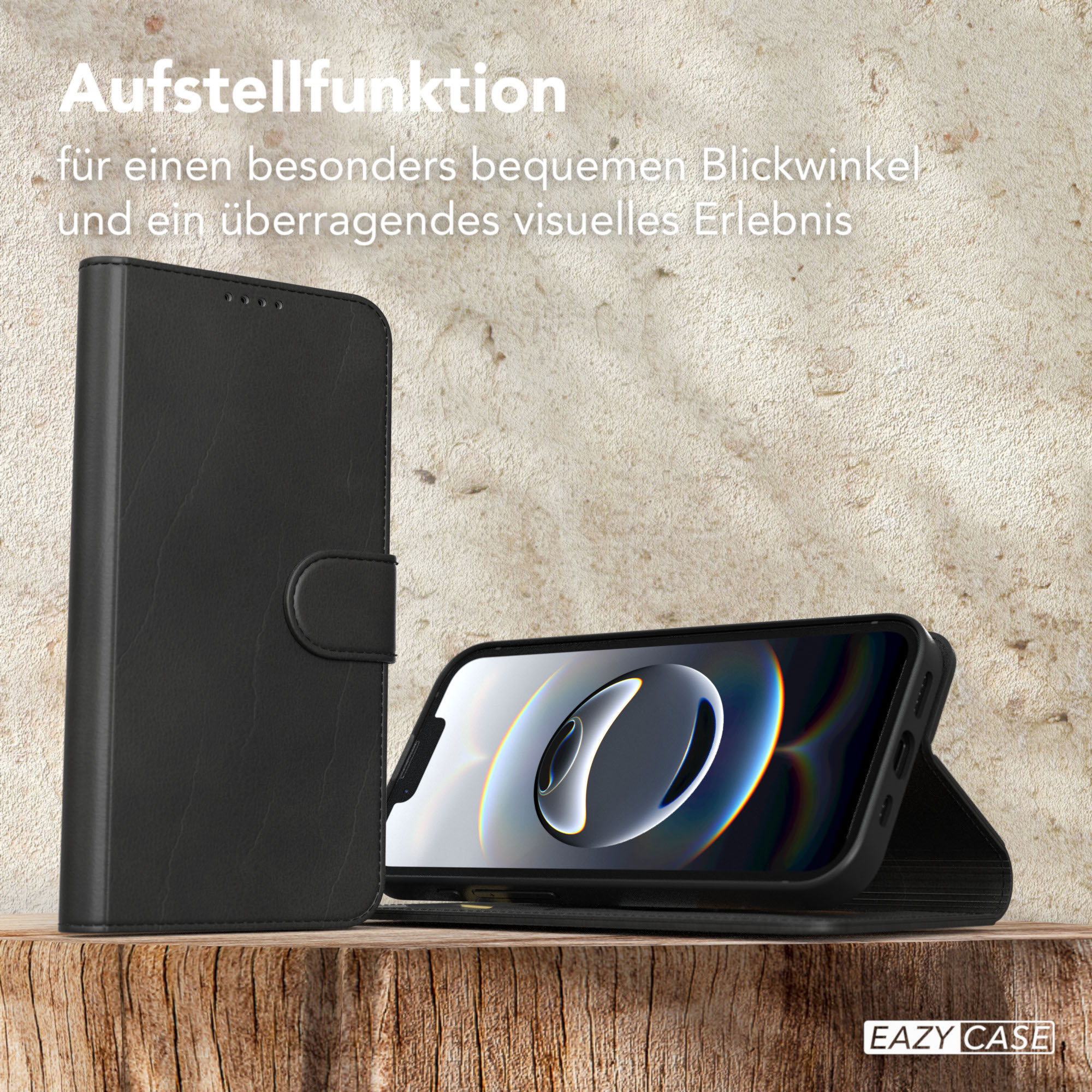 Schwarze Handyhülle, offen, mit Telefon im Inneren, aufrecht stehend.