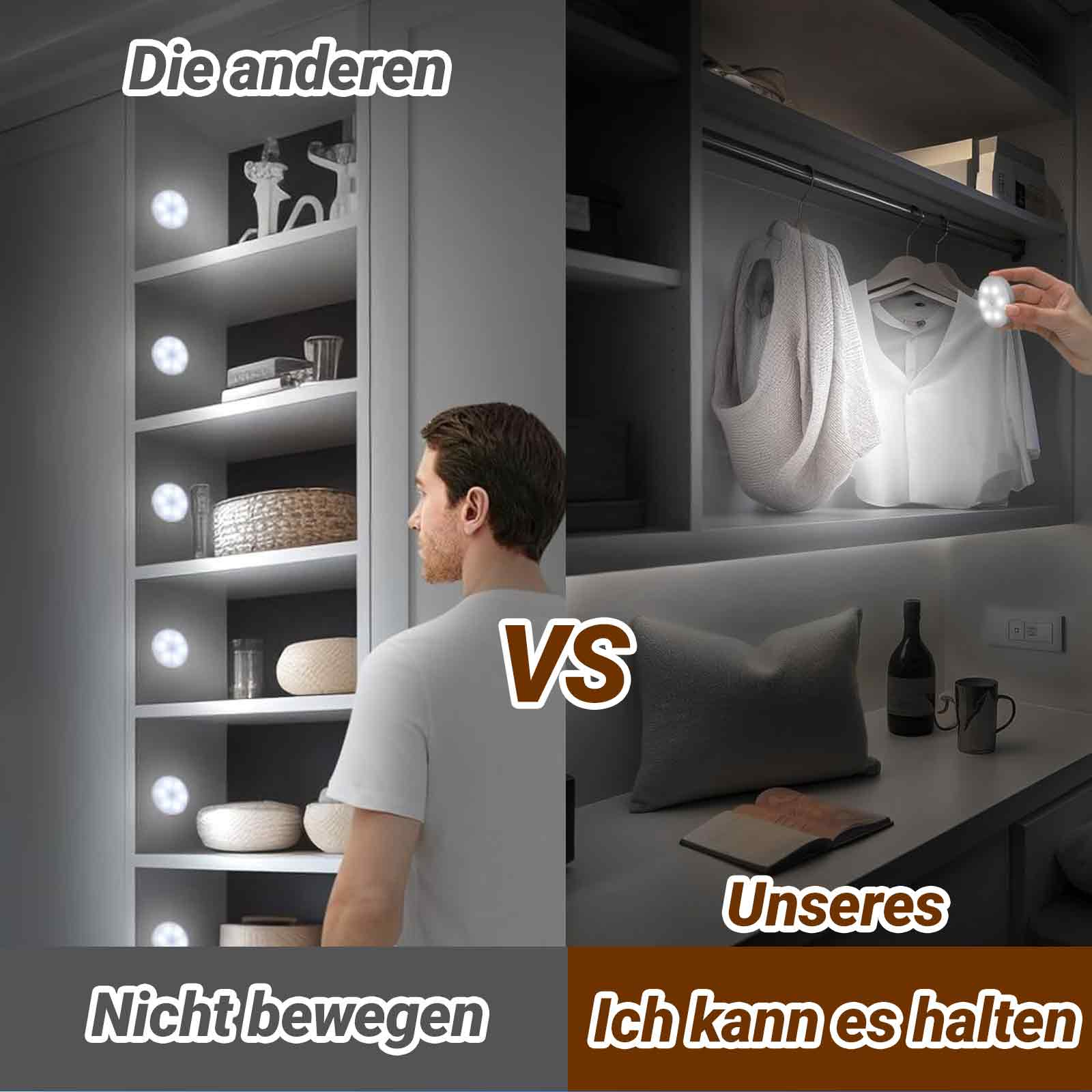 Zwei Bilder, die Lagerung zeigen. Eines mit ausgeschaltetem Licht, das andere mit Licht.