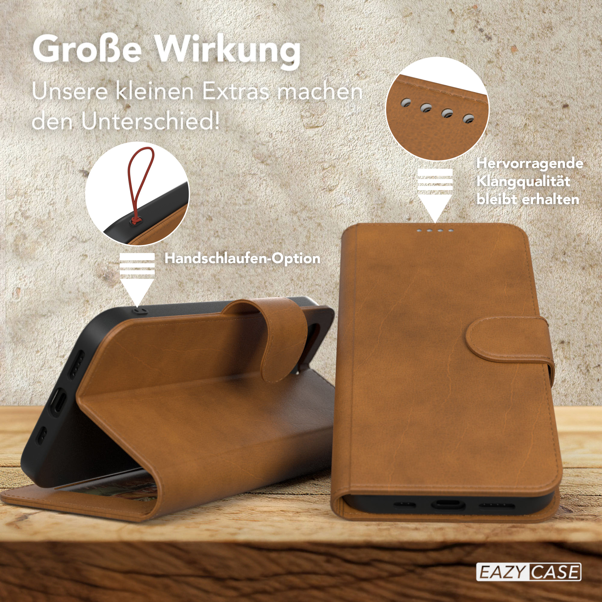 Braune Handyhülle, offen, mit Telefon, Handschlaufen-Option und Tonlöchern.