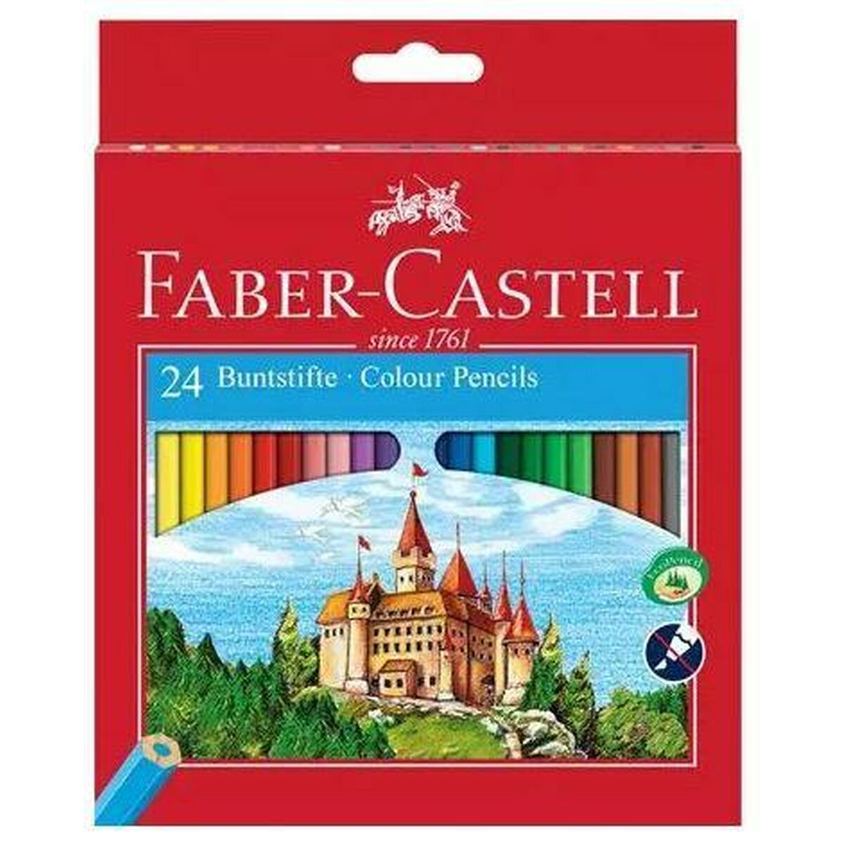 Eine Schachtel Faber-Castell Buntstifte, rote Box mit Schlossbild und blauem Stift.