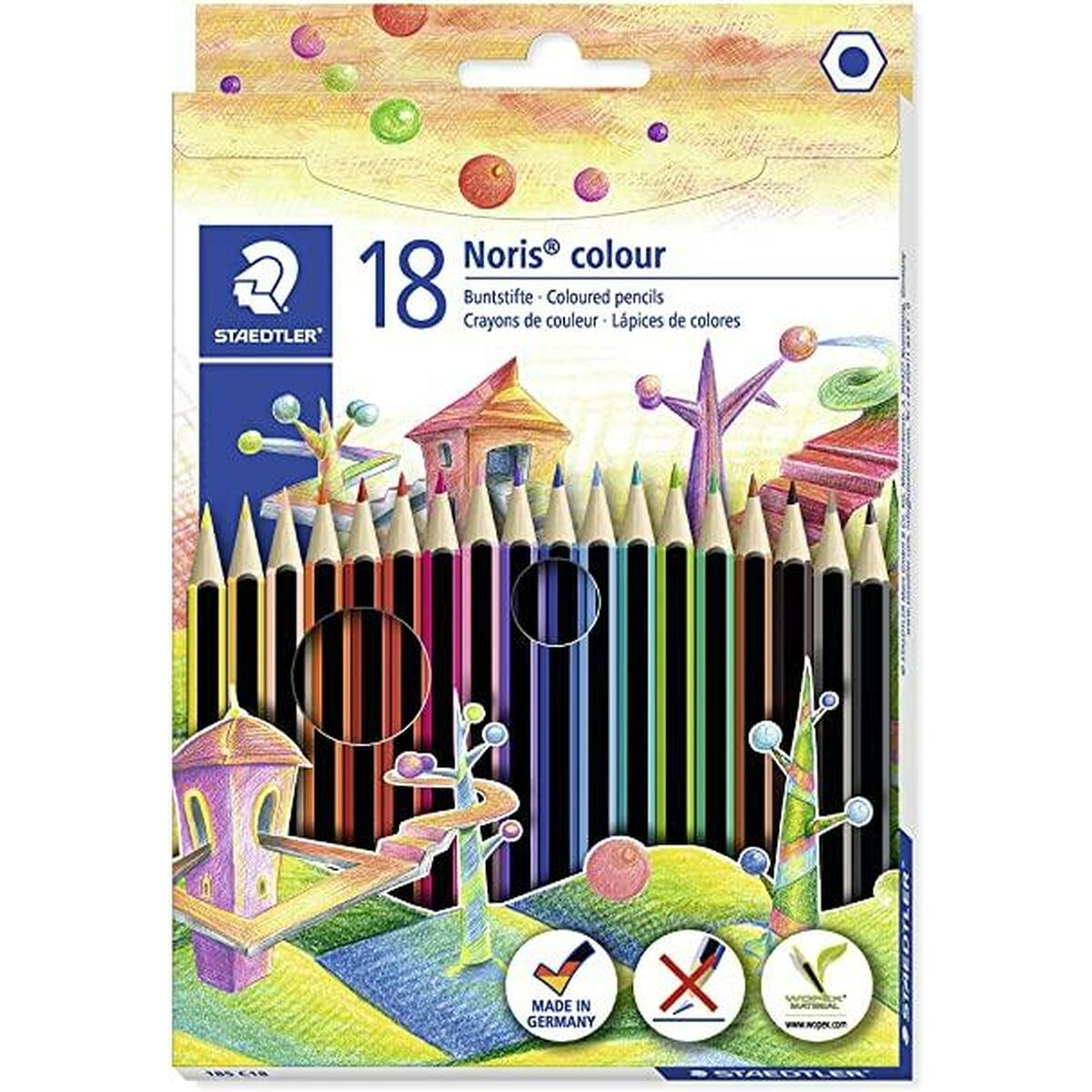 Eine Schachtel Staedtler Noris Buntstifte, mit mehreren Farben. Auf der Box steht '18 Noris colour'.