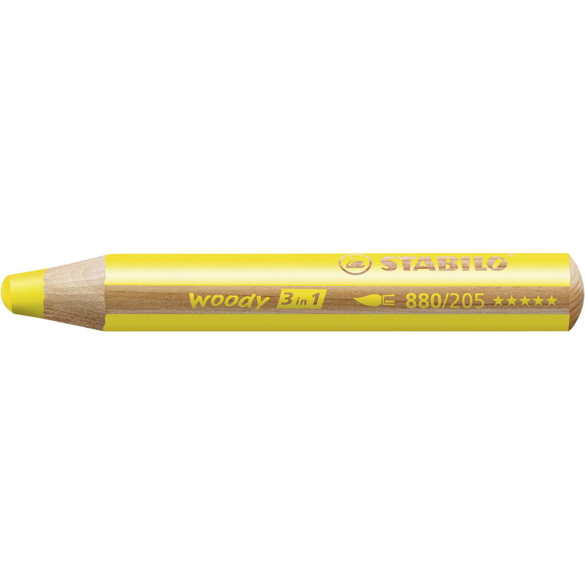 Gelber Stabilo Woody 3 in 1 Bleistift. Der Bleistift hat einen Holzkörper und Text darauf.