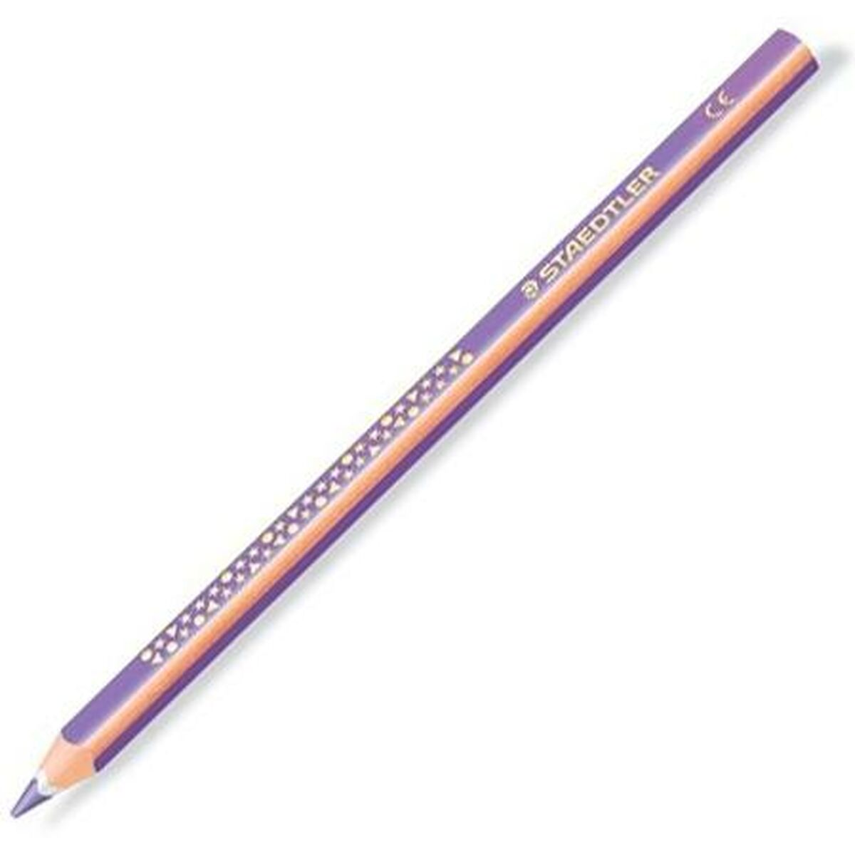 Lila-oranger Staedtler Bleistift. Der Stift hat einen hellen Körper mit Punkten darauf.