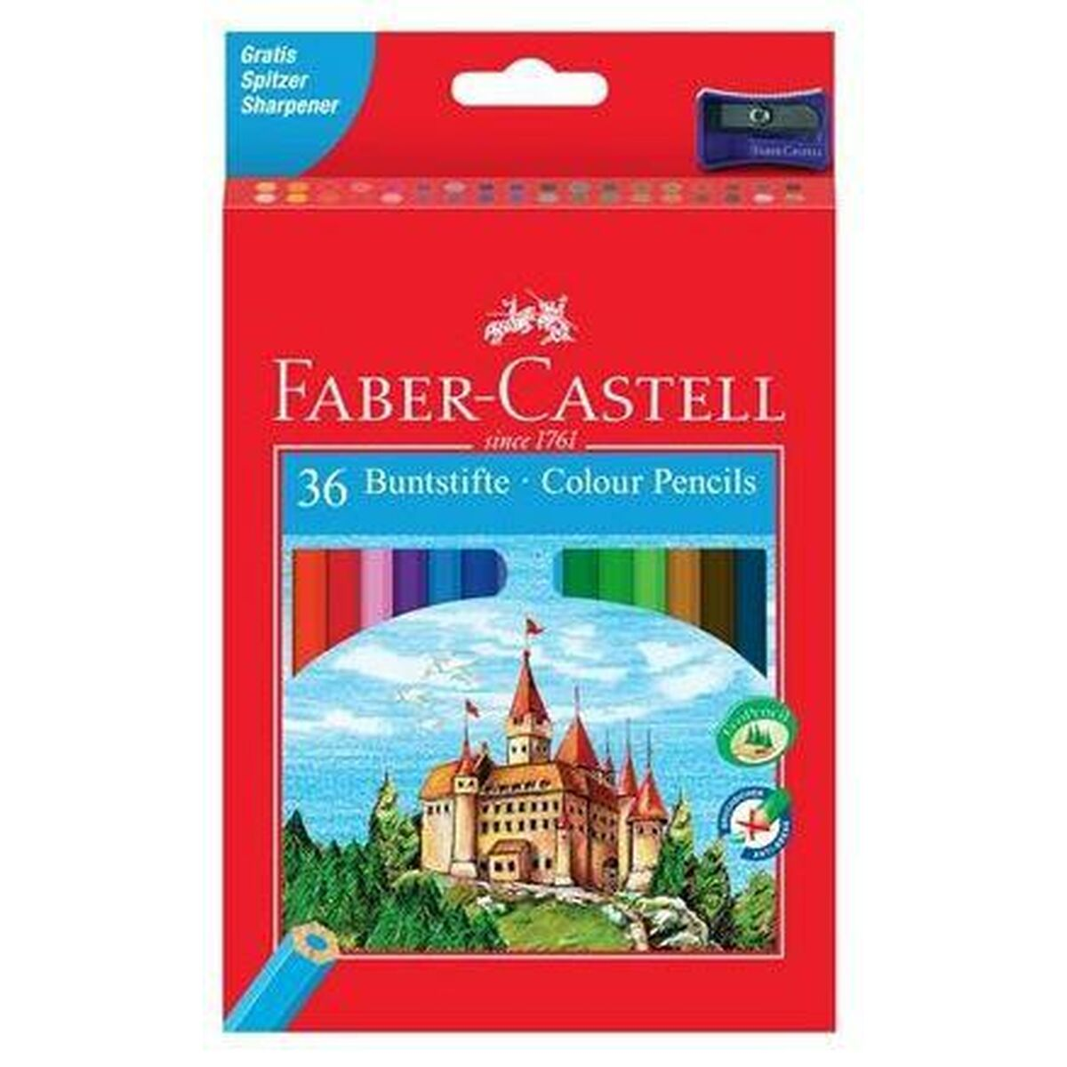 Schachtel mit Faber-Castell Buntstiften mit einer Burg-Illustration auf der Schachtel.