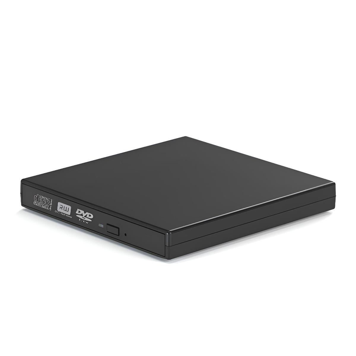 Schwarzes DVD-Laufwerk mit Kontrollleuchte, Auswurftaste, ohne Beschriftung.