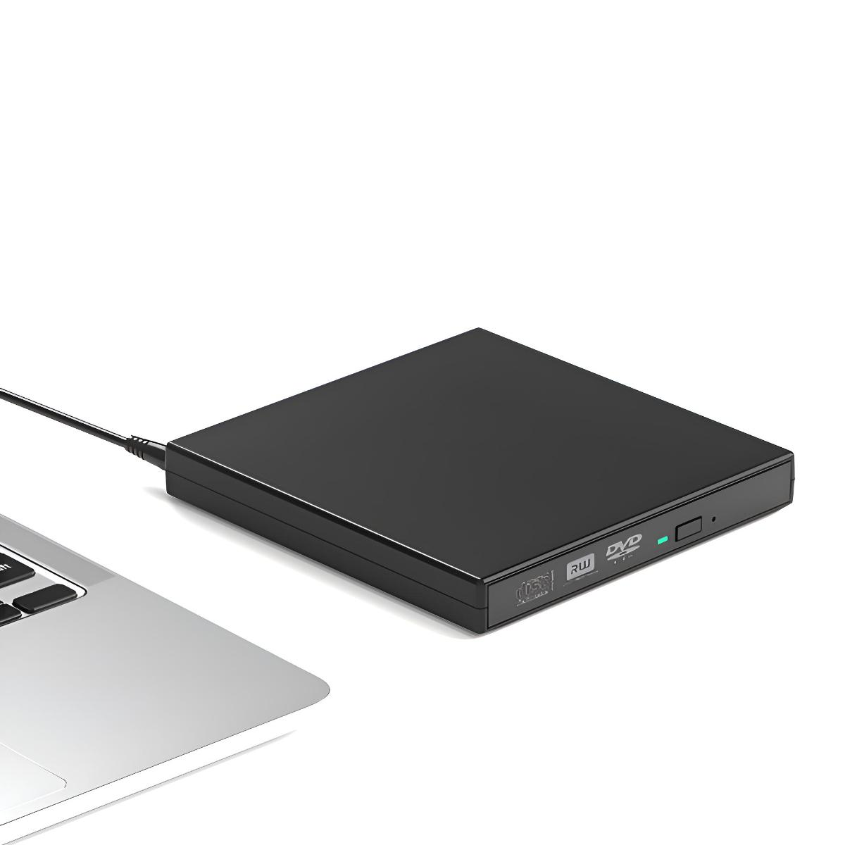 Schwarzes externes DVD-Laufwerk neben einem Laptop. Mit schwarzem Kabel verbunden.