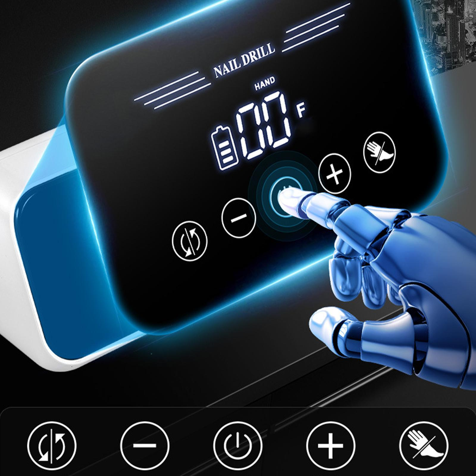 Nahaufnahme einer Nagelfräsmaschine mit einer Roboterhand, die mit den Bedienelementen interagiert.