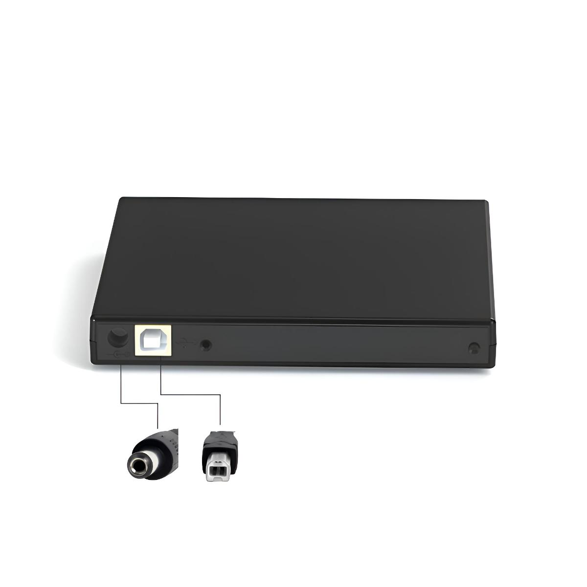Die Rückseite eines schwarzen DVD-Laufwerks mit beschrifteten Strom- und USB-Anschlüssen.