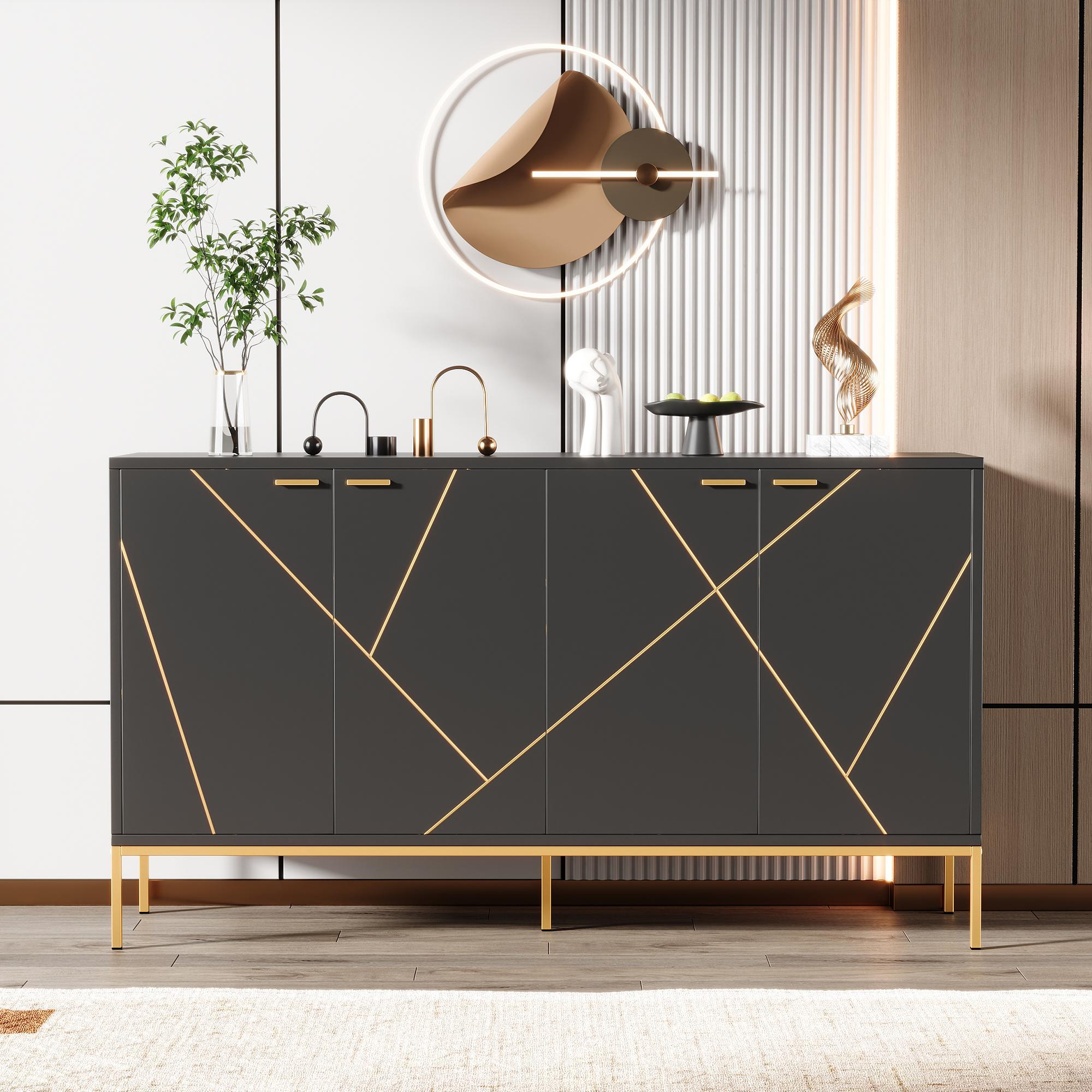 Dunkelgrauer Schrank mit goldenen Akzenten, Dekoration, weißer Hintergrund.