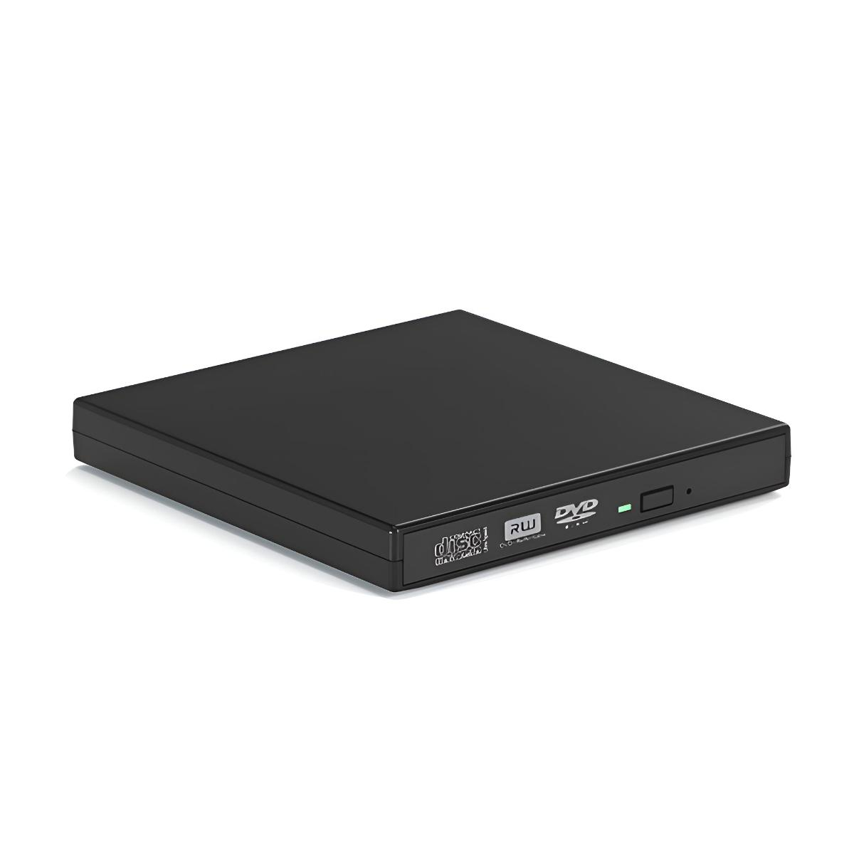 Schwarzes externes DVD-Laufwerk auf weißer Oberfläche, schlichtes Design.