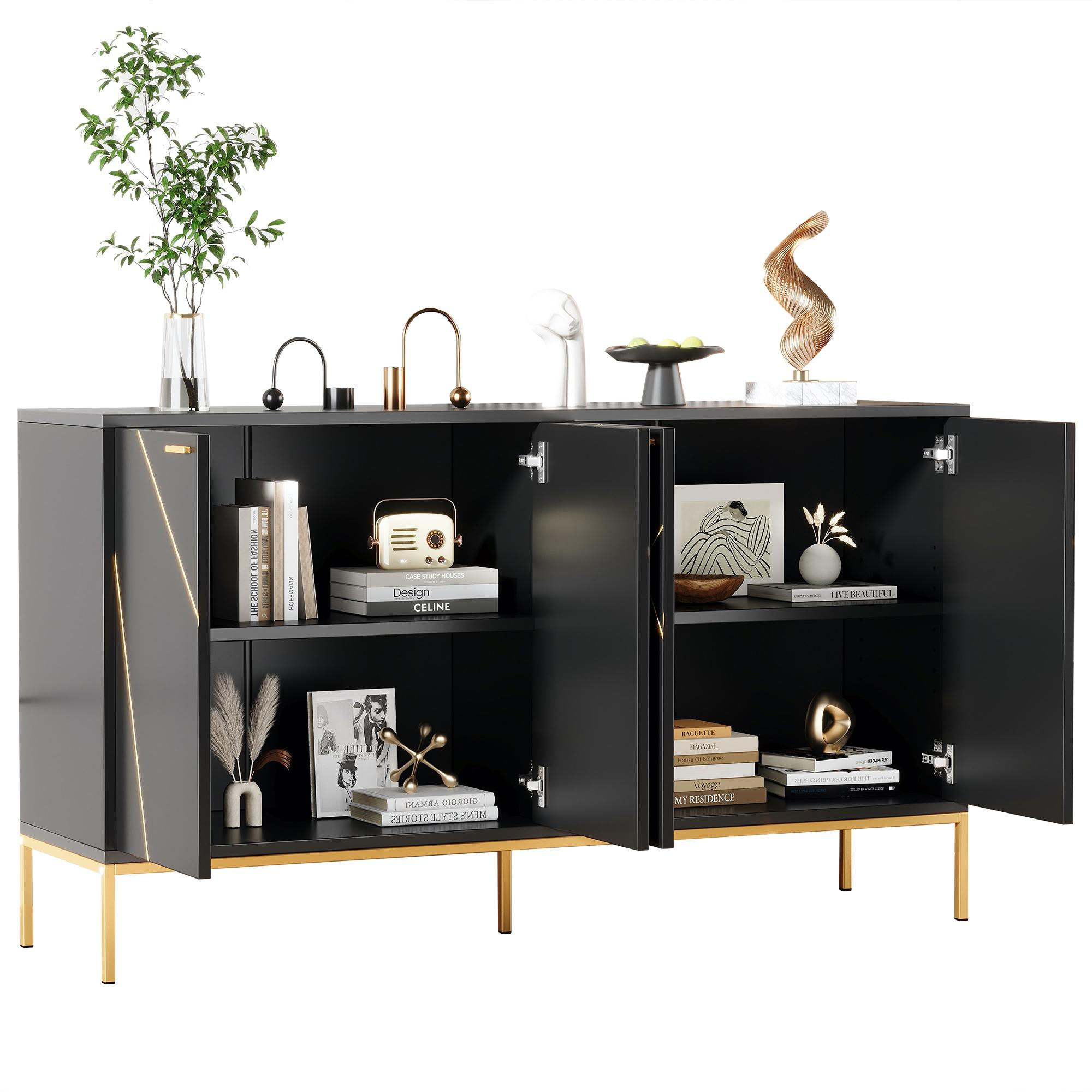 Schwarzer Schrank mit offenen Türen, goldenen Akzenten und Innendekoration.