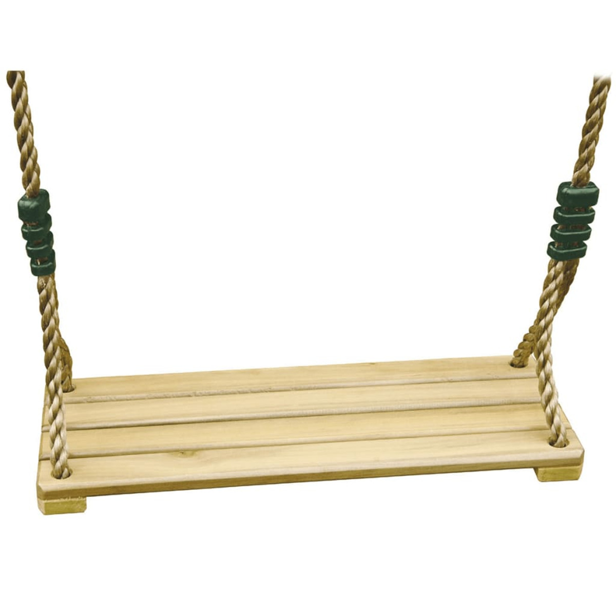 Altalena in legno appesa a una corda. Connettori verdi sulla corda.
