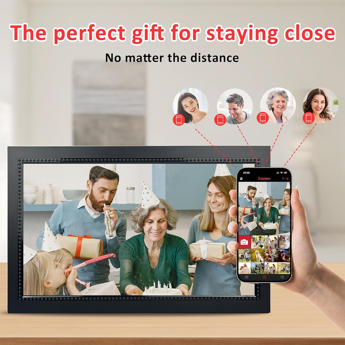 Digitaler Rahmen mit Familienfotos. Personen, die Telefone verwenden, um sich mit dem Rahmen zu verbinden.