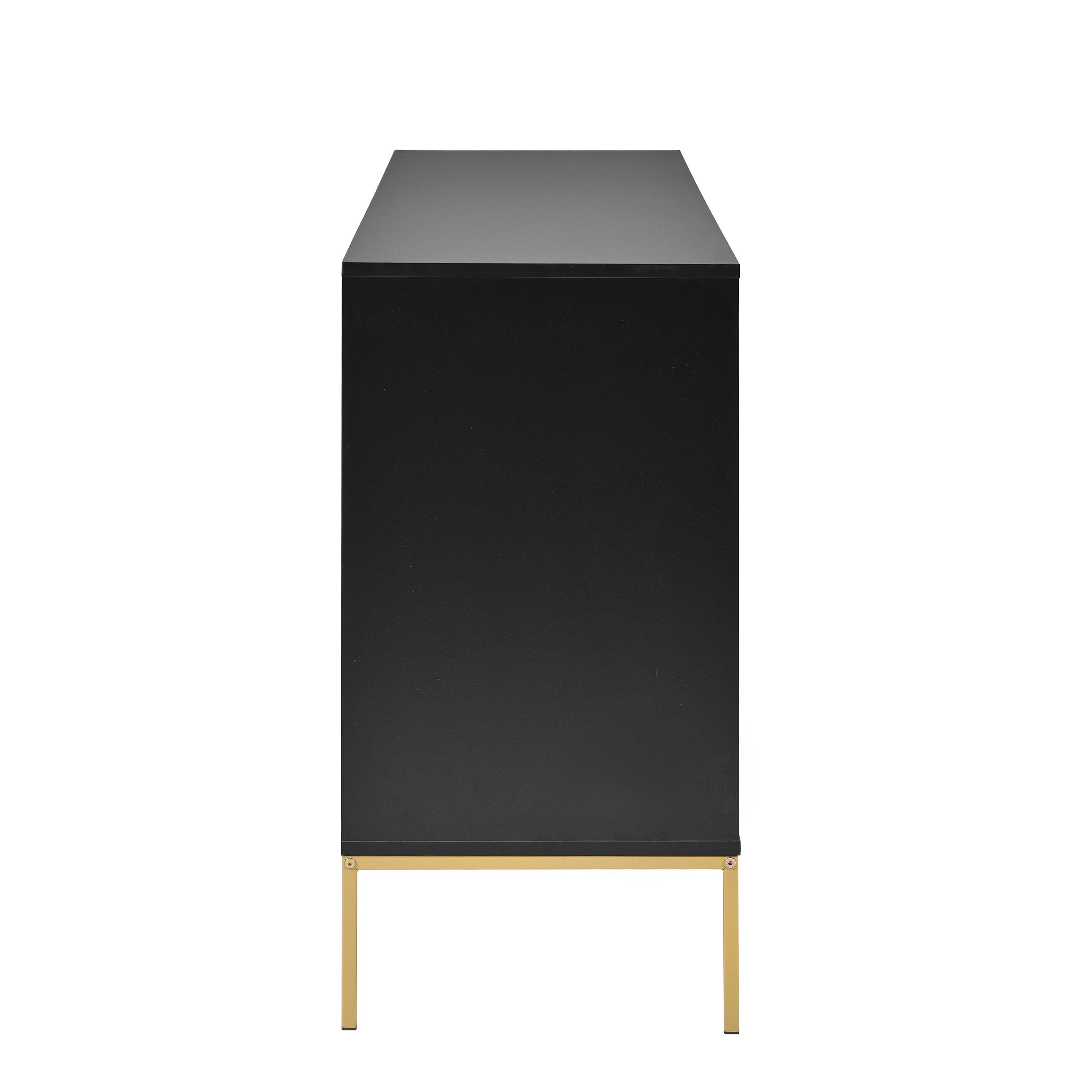 Schwarzer Schrank mit goldenen Beinen, von der Seite betrachtet, schlicht und modern.