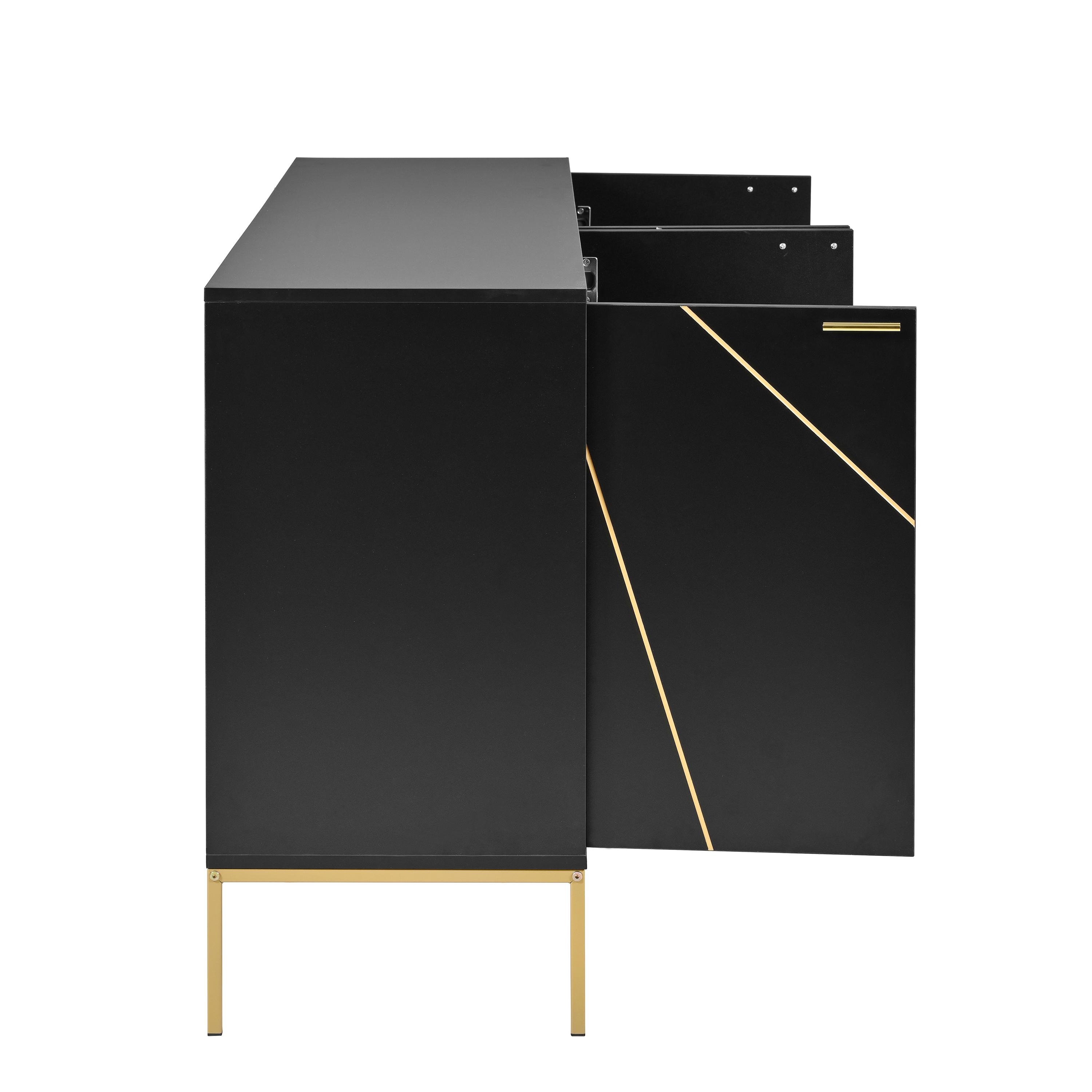 Schwarzer Schrank mit goldenen Beinen, teilweise offene Tür, goldene Akzente.