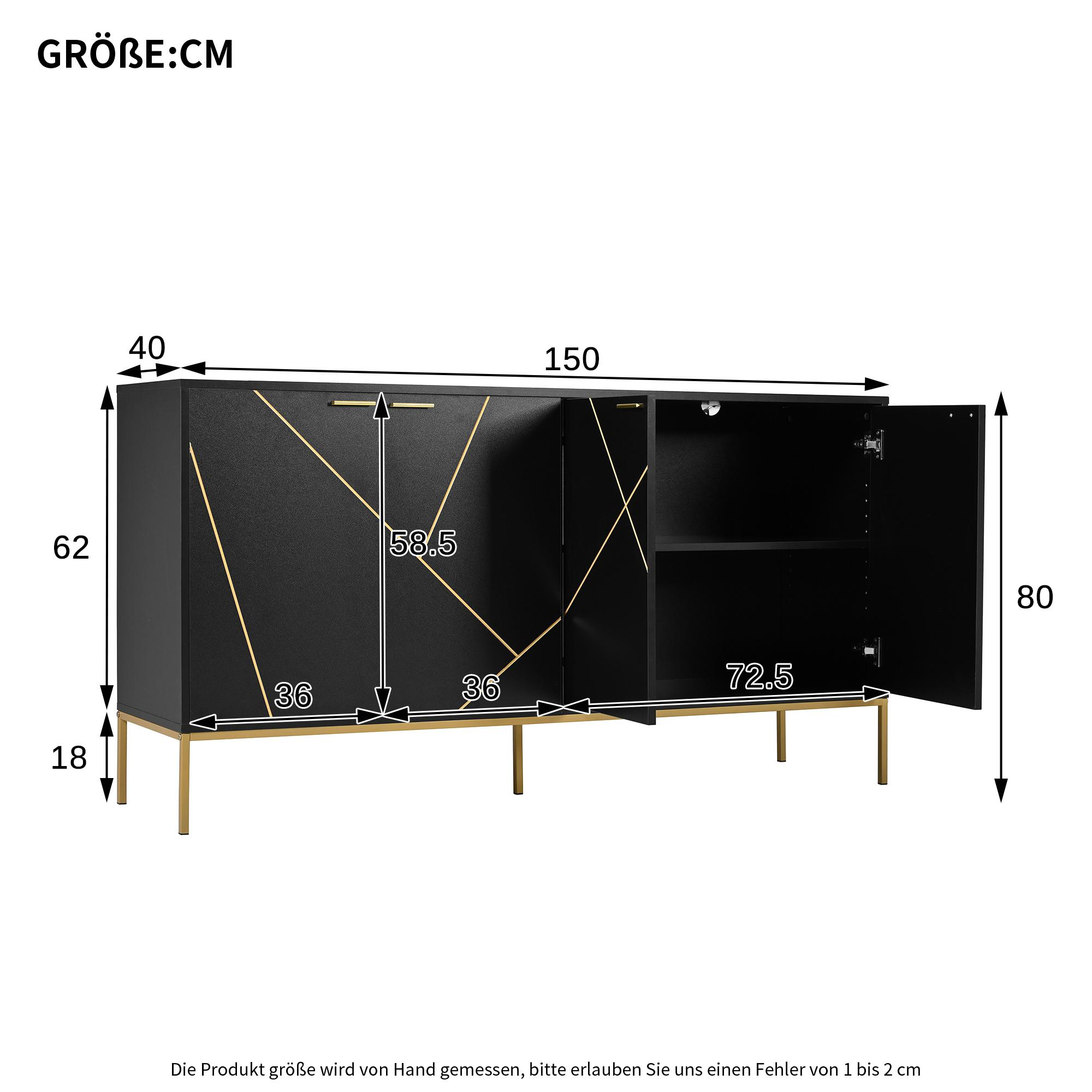 Schwarzer und goldener Schrank mit angezeigten Abmessungen. Eine Tür offen.