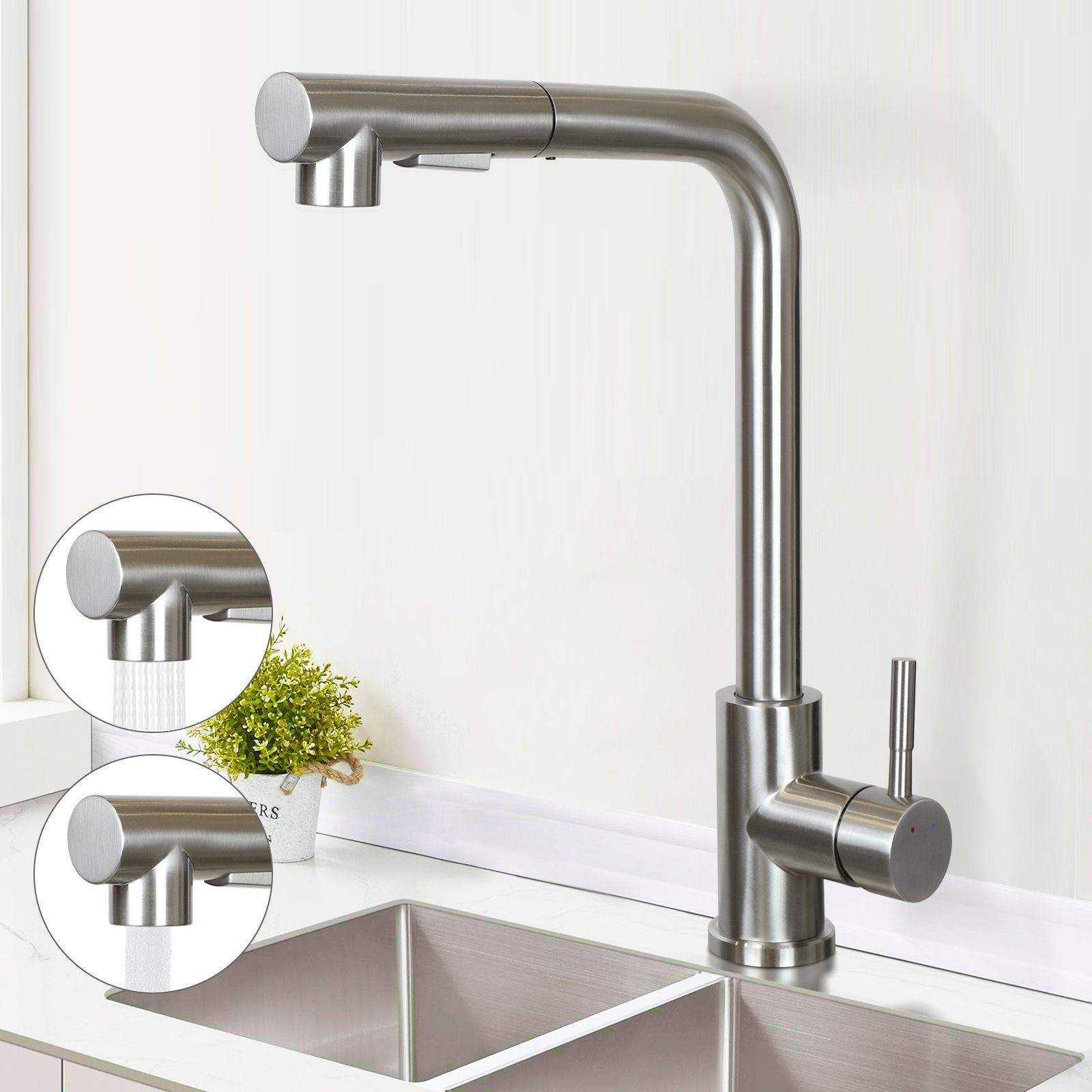 Moderne Küchenarmatur mit ausziehbarer Spritzdüse, Edelstahl-Finish.