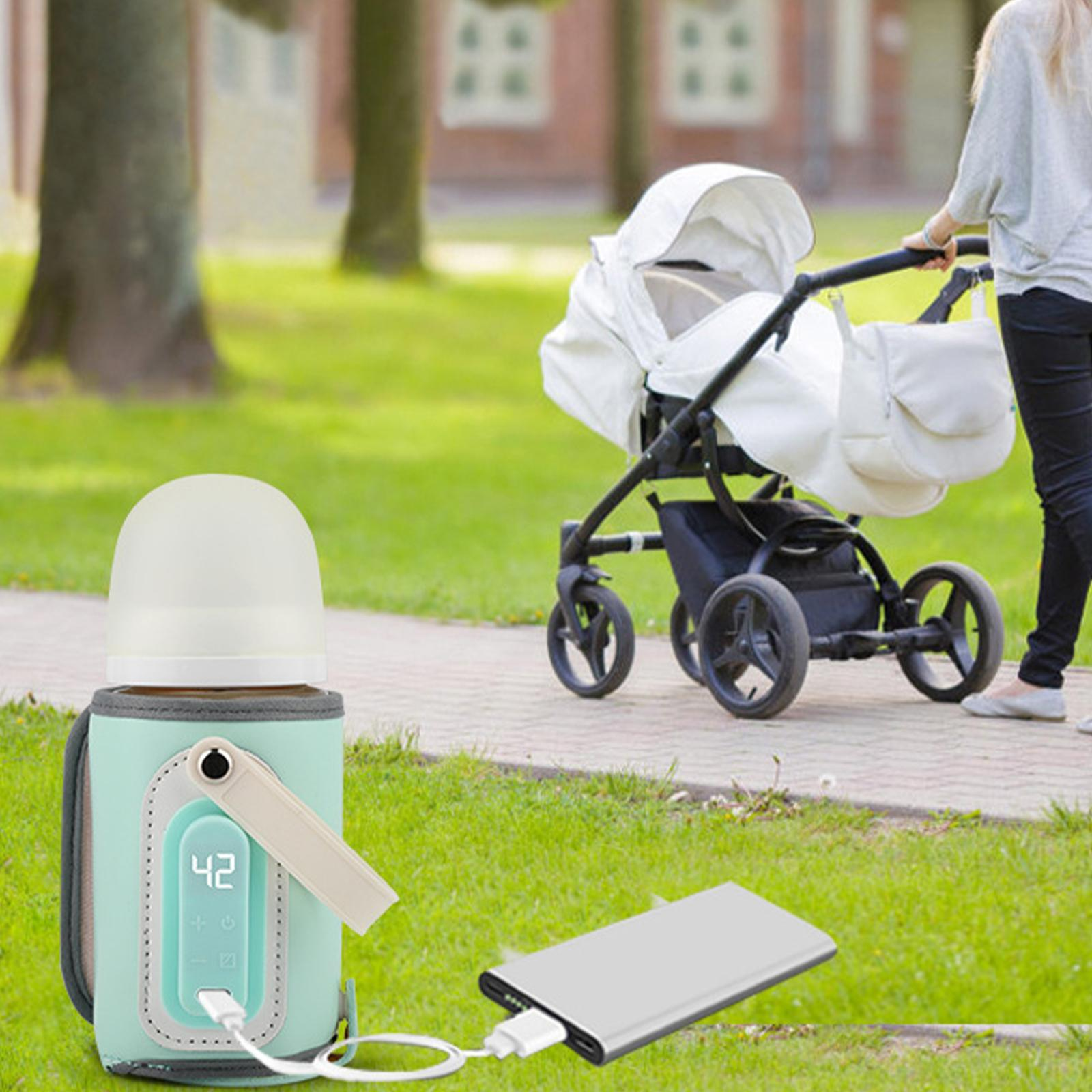 Babyflaschenwärmer mit Flasche, Mutter schiebt Kinderwagen, Powerbank.