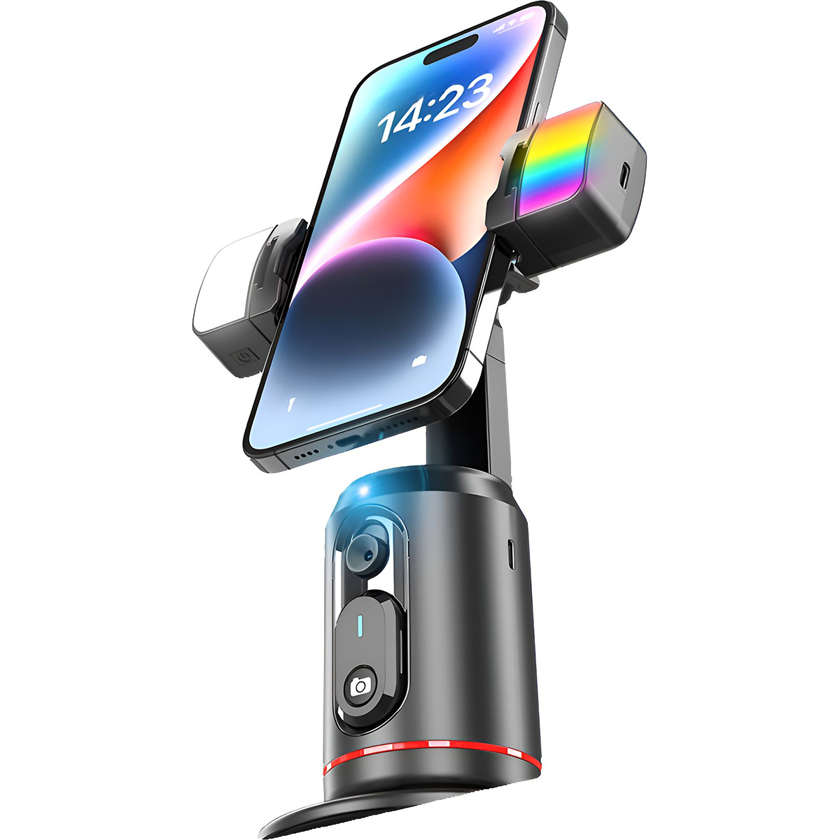 Schwarzes Telefon auf einem Ständer. Telefon ist abgewinkelt. Ständer ist schwarz mit Lichtern. Weißer Hintergrund.