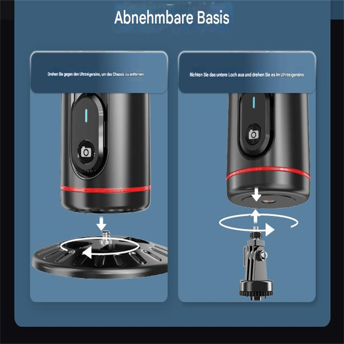 Diagramm zur Demontage und Montage einer Gerätebasis. Text auf Deutsch. Schwarze Geräteteile.