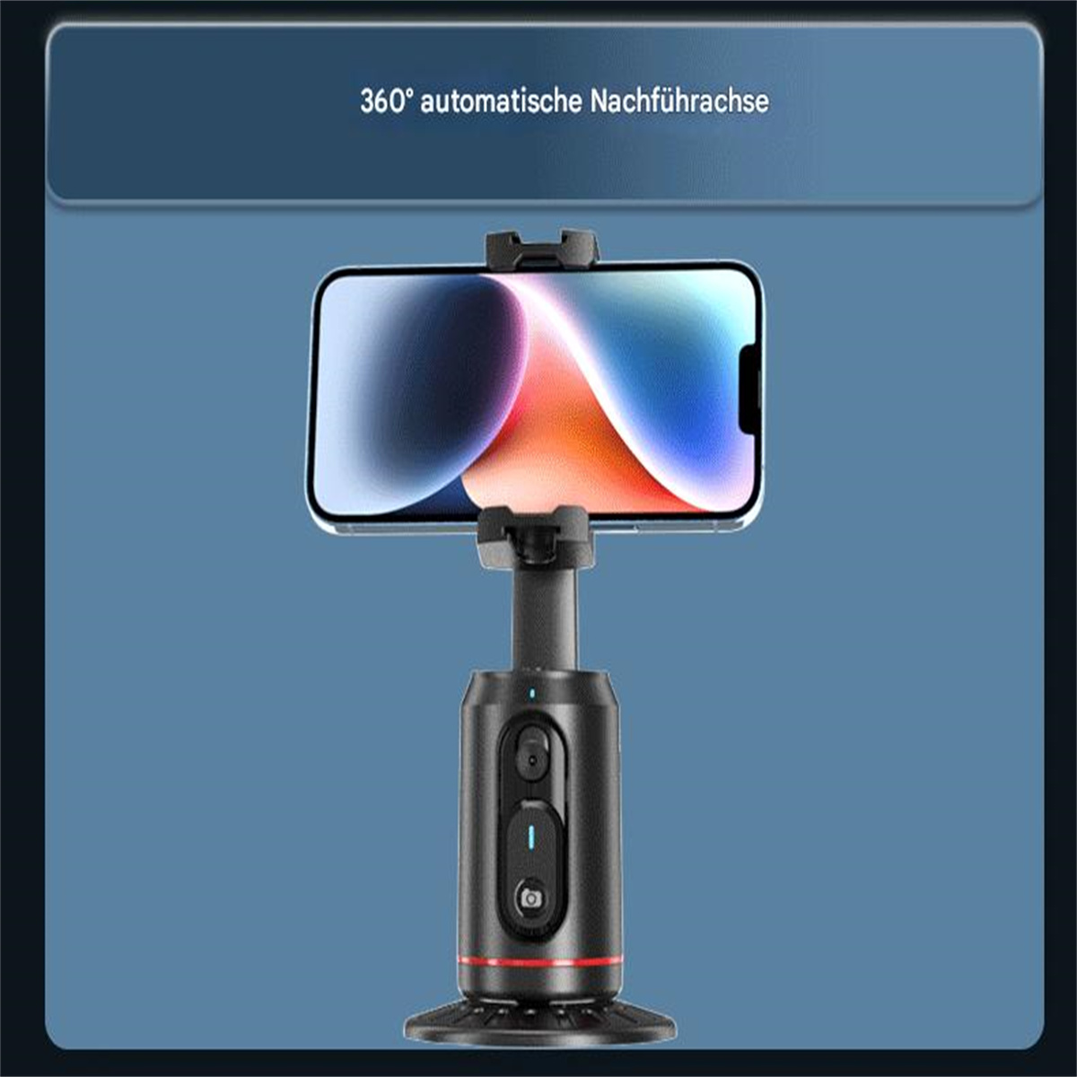 Smartphone auf einem schwarz-silbernen Gerät, mit blauem Hintergrund und Text.