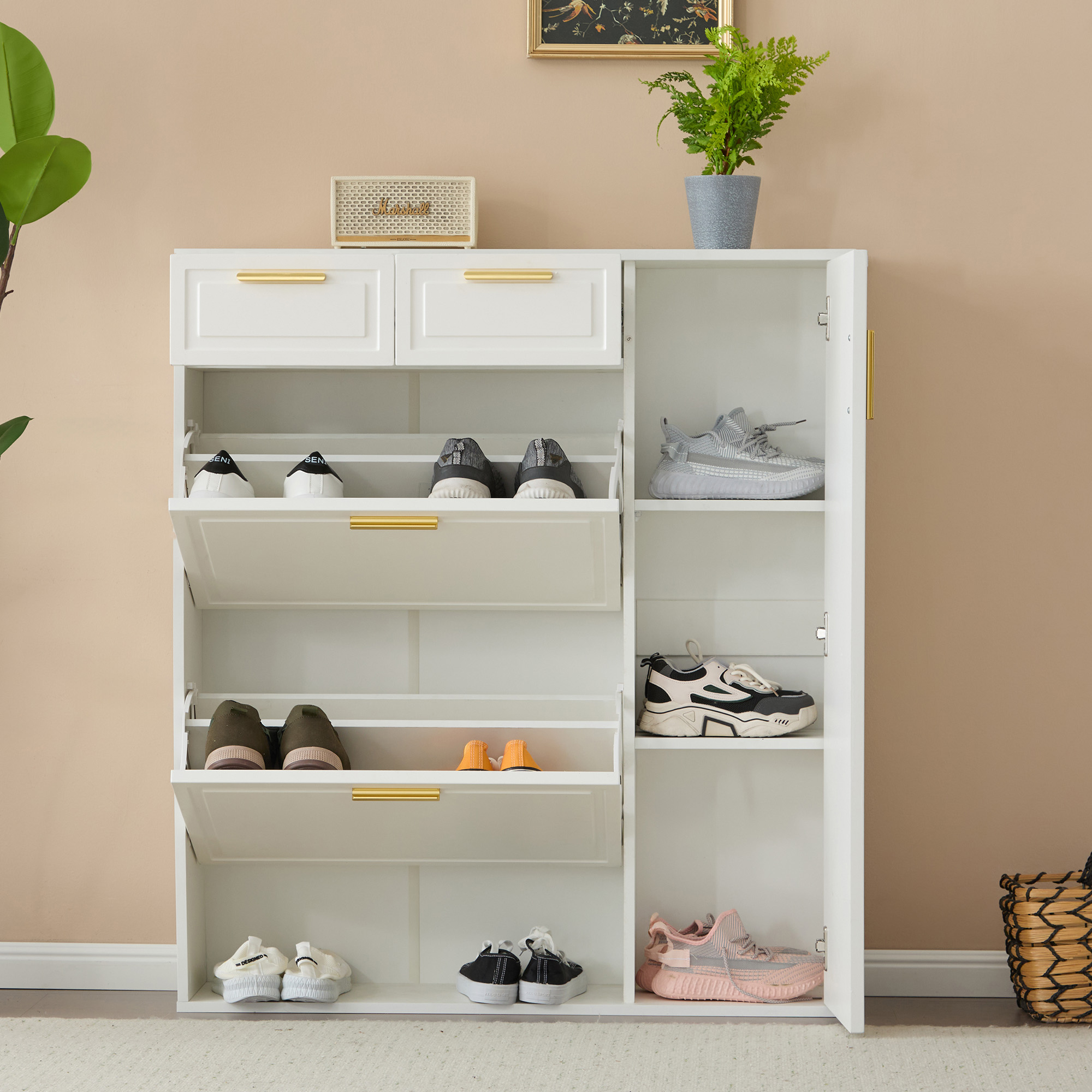Offener weißer Schuhschrank mit Schuhen, goldenen Griffen und einer Pflanze oben.