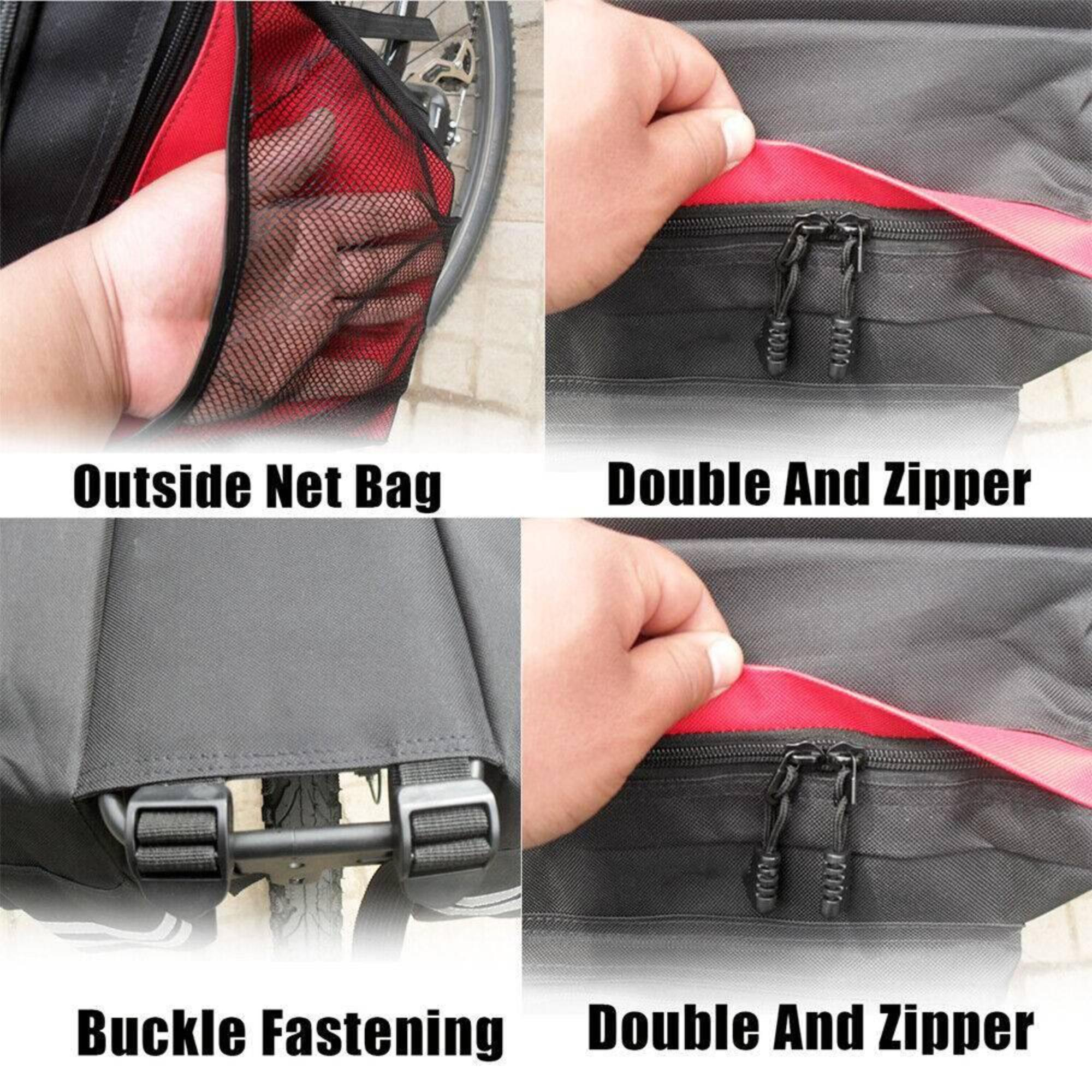 Fahrradtaschendetails: Netztasche, Doppelreißverschlüsse, Schnallenverschluss. Grau und Rot.