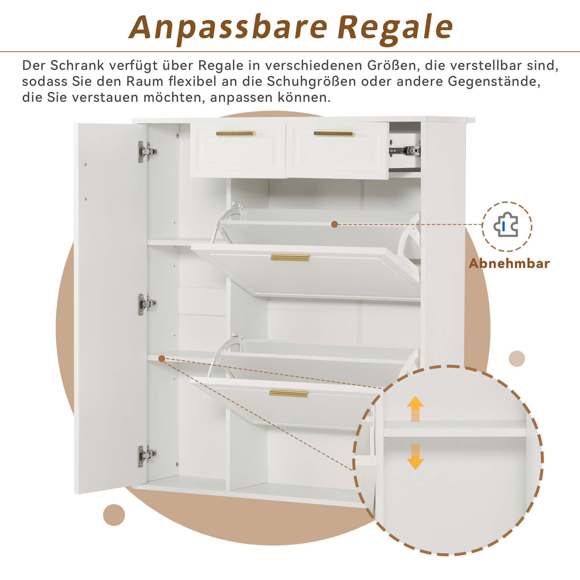 Weißer Schrank mit verstellbaren Regalen, offenen Türen und goldenen Griffen.
