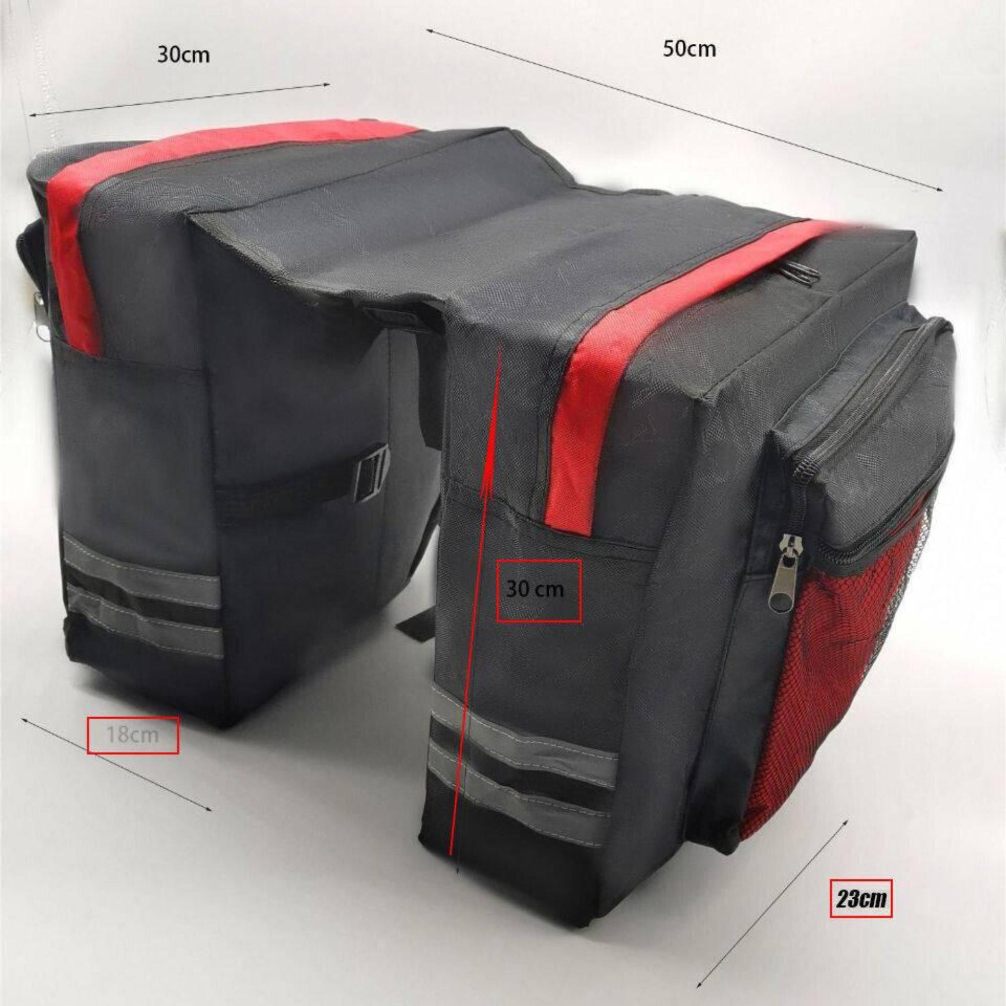 Schwarze und graue Fahrradtaschen mit roten Streifen und reflektierenden Streifen. Abmessungen sind angegeben.