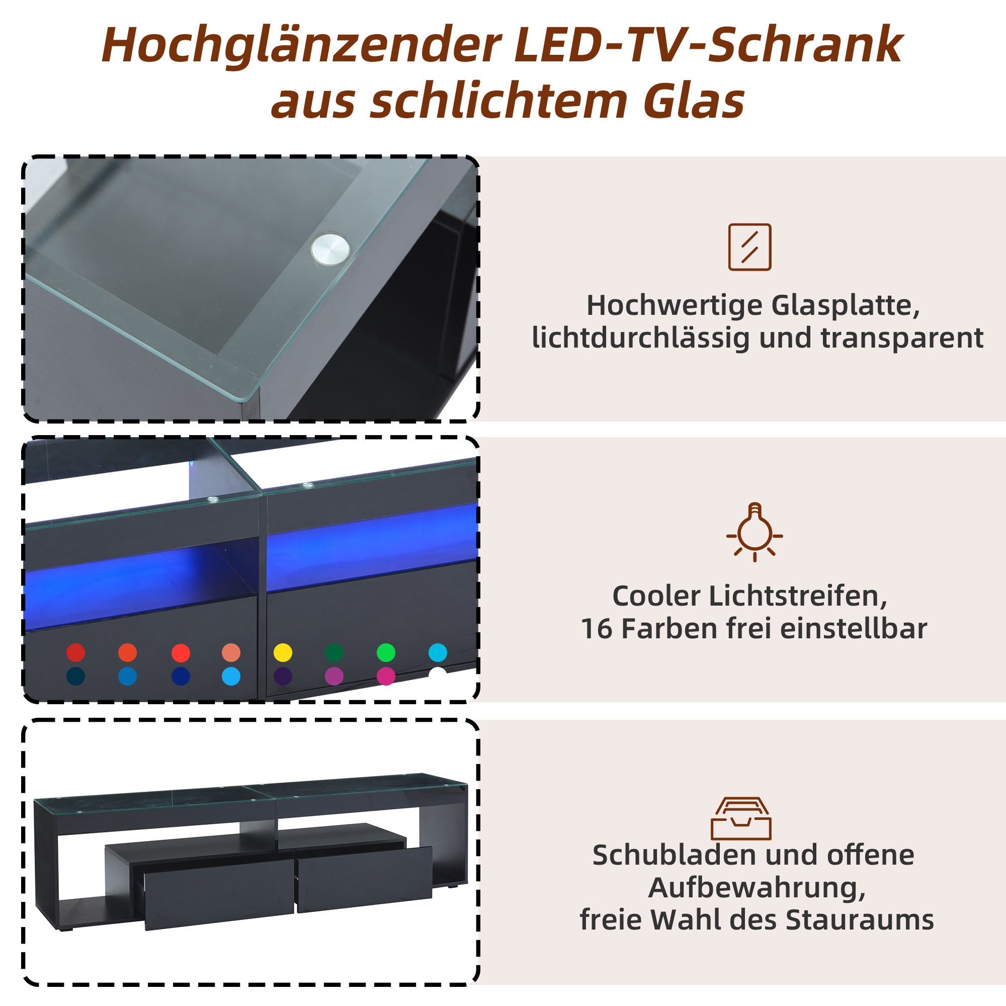 Diagramm eines schwarzen LED-TV-Schranks mit detaillierten Komponenten.