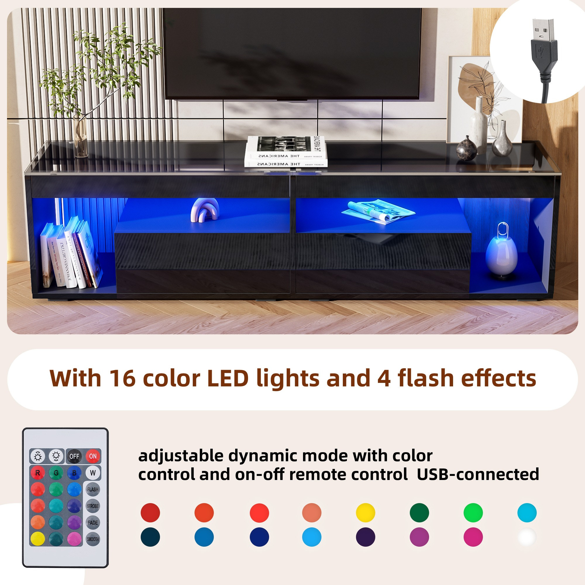 Schwarzer TV-Ständer mit LED-Leuchten, Fernbedienung und Farboptionen. Schubladen und Regale.
