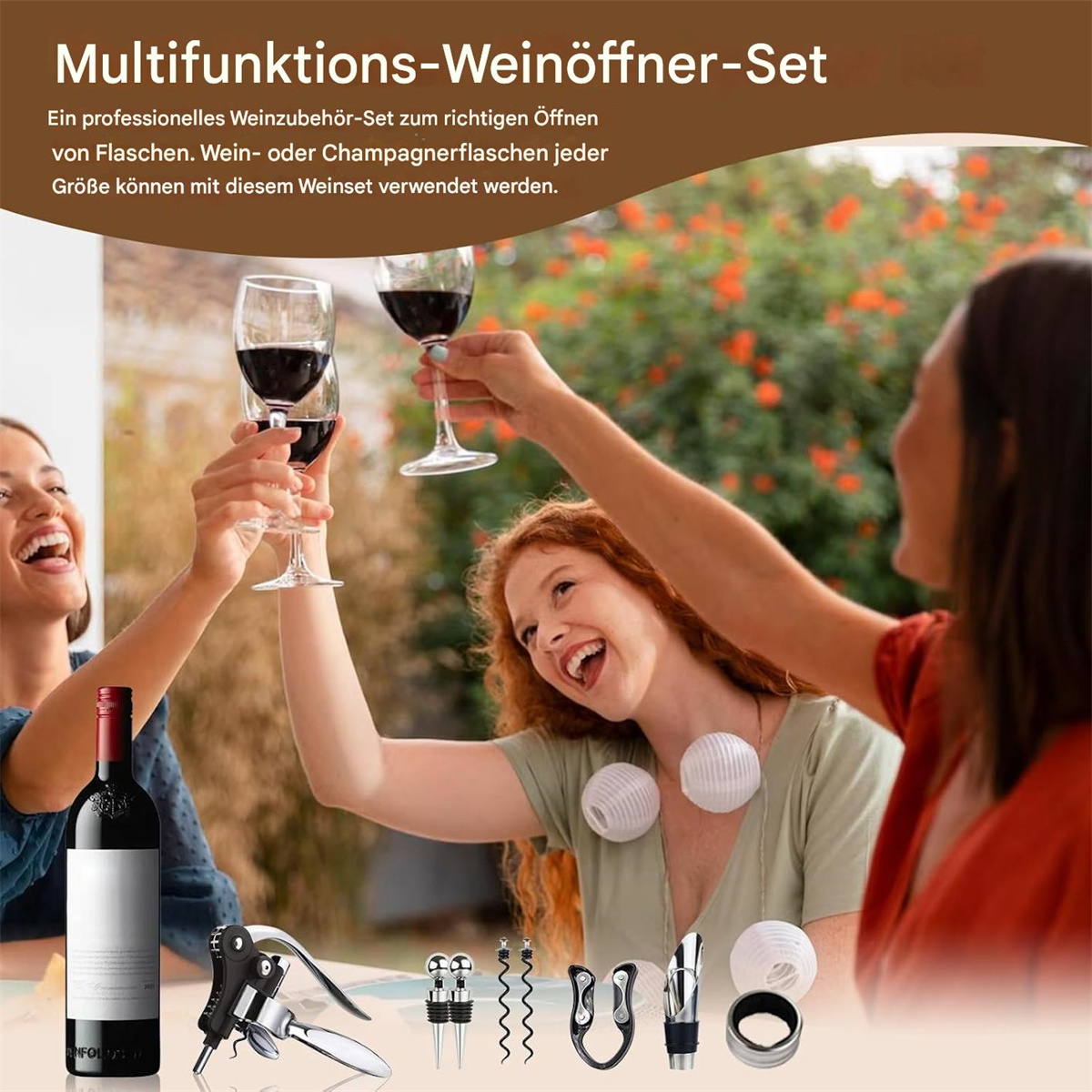 Menschen stoßen mit Weingläsern an, Weinflasche und Weinaccessoires. Fröhliches Beisammensein.