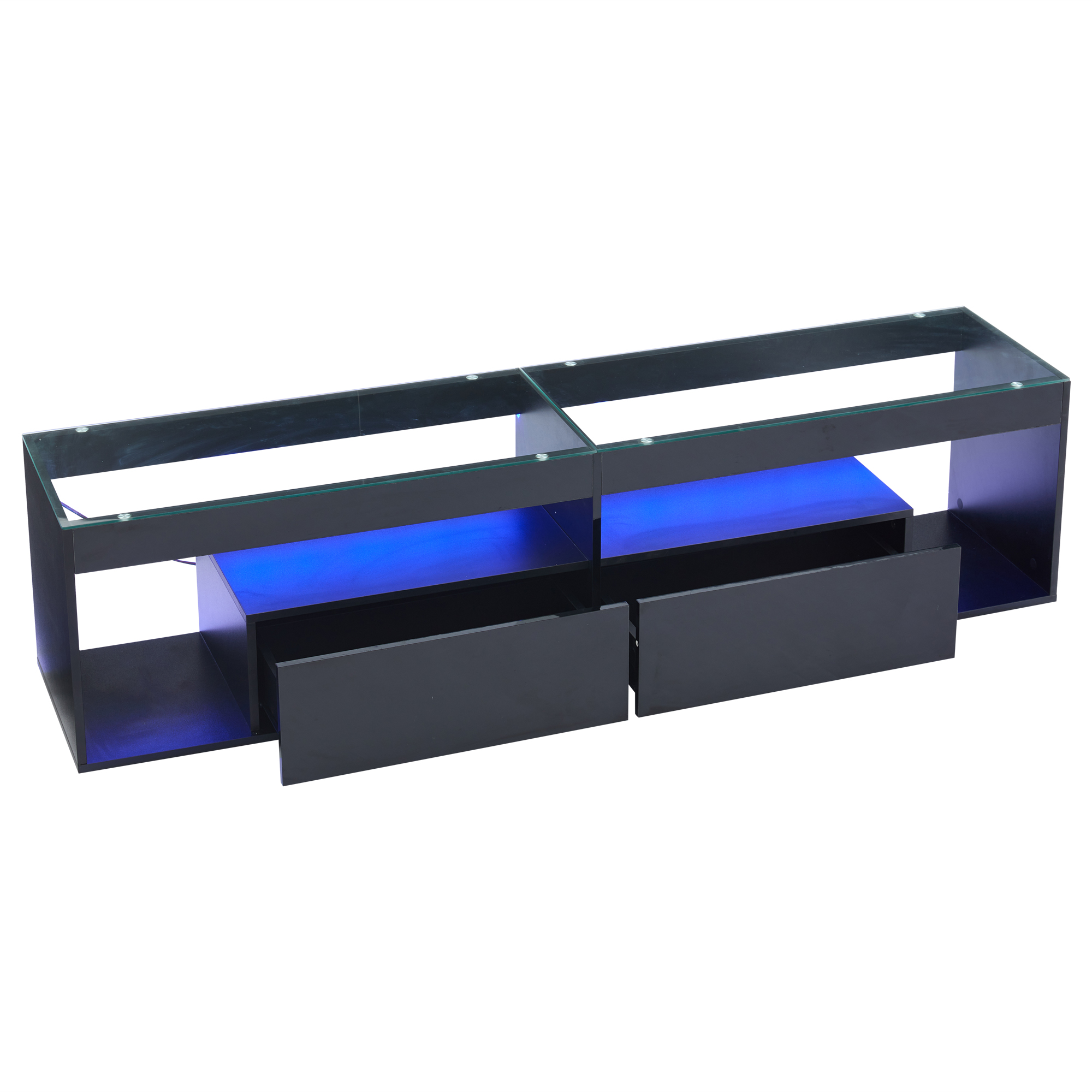 Schwarzer TV-Ständer mit blauer LED-Beleuchtung und zwei Schubladen, mit Glasplatte. Modernes Design.