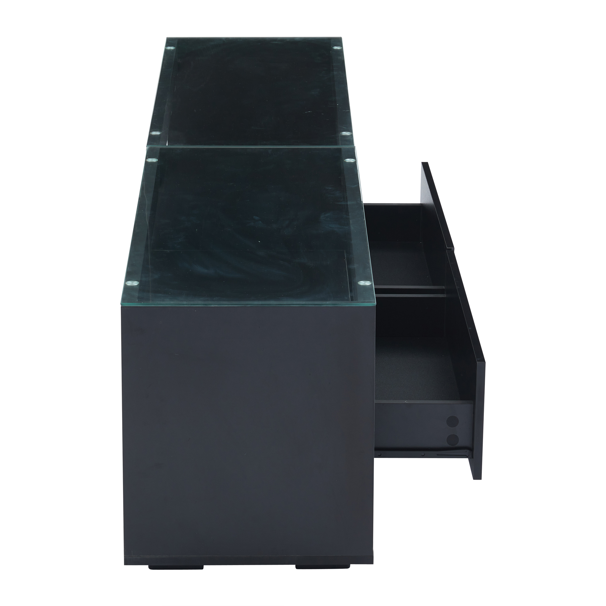 Schwarzer, rechteckiger Schrank mit zwei Glasplatten. Eine Schublade ist geöffnet und zeigt das Innere.