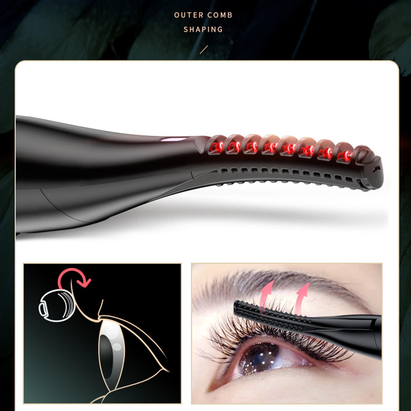 Nahaufnahme eines Wimperncurlers mit roten Lichtern und Diagrammen, die seine Verwendung am Auge zeigen.