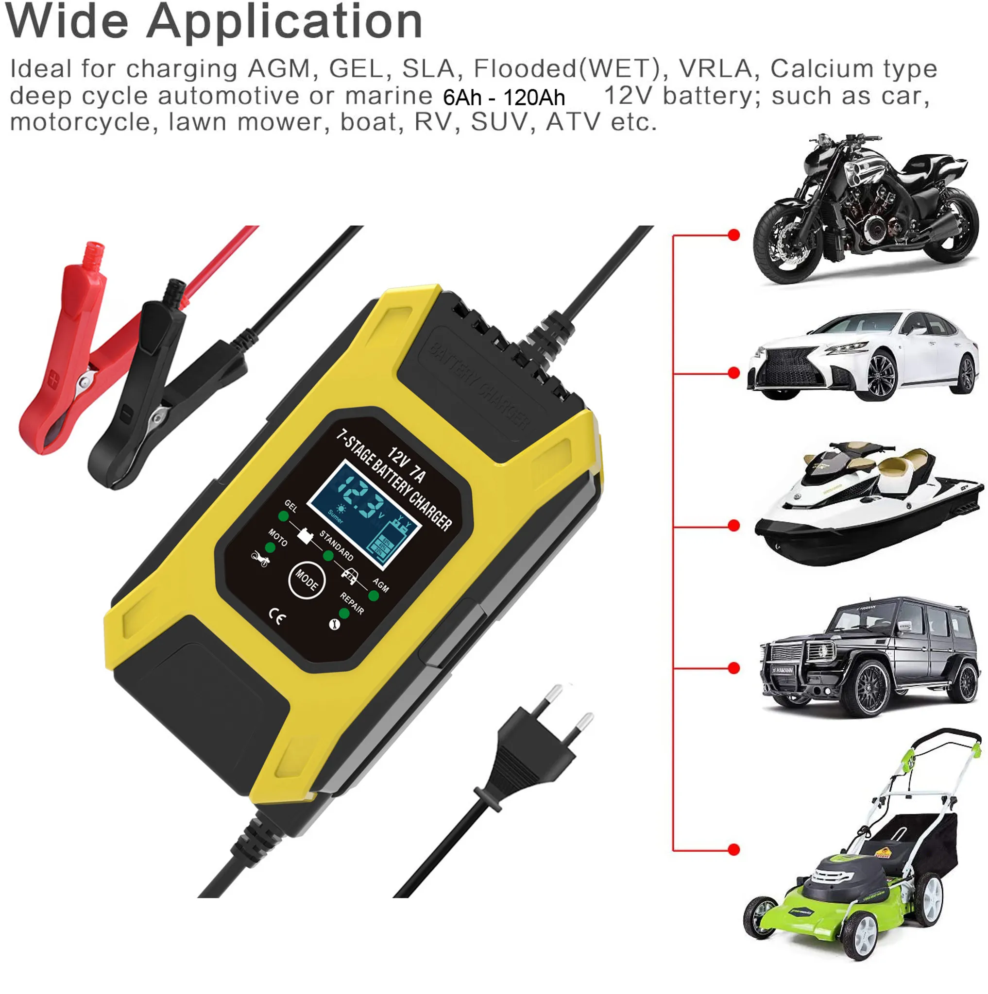 Gelbes Batterieladegerät mit Klemmen und Fahrzeugen. Das Ladegerät lädt die Autobatterie.