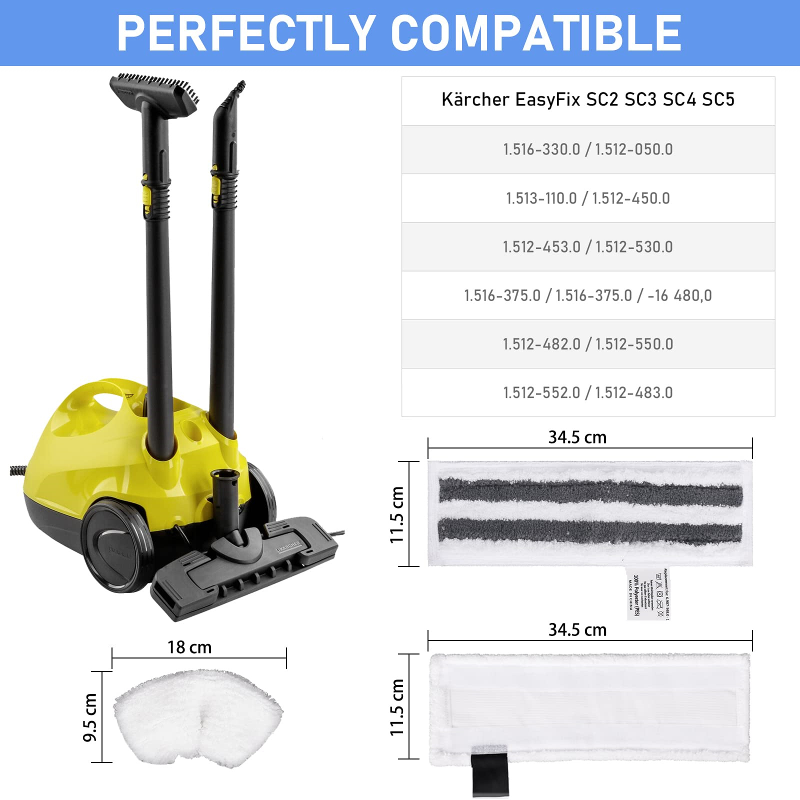 Dampfreiniger mit Reinigungspads. Kompatibilitätstabelle mit Abmessungen und Modellnummern für verschiedene Dampfreiniger.