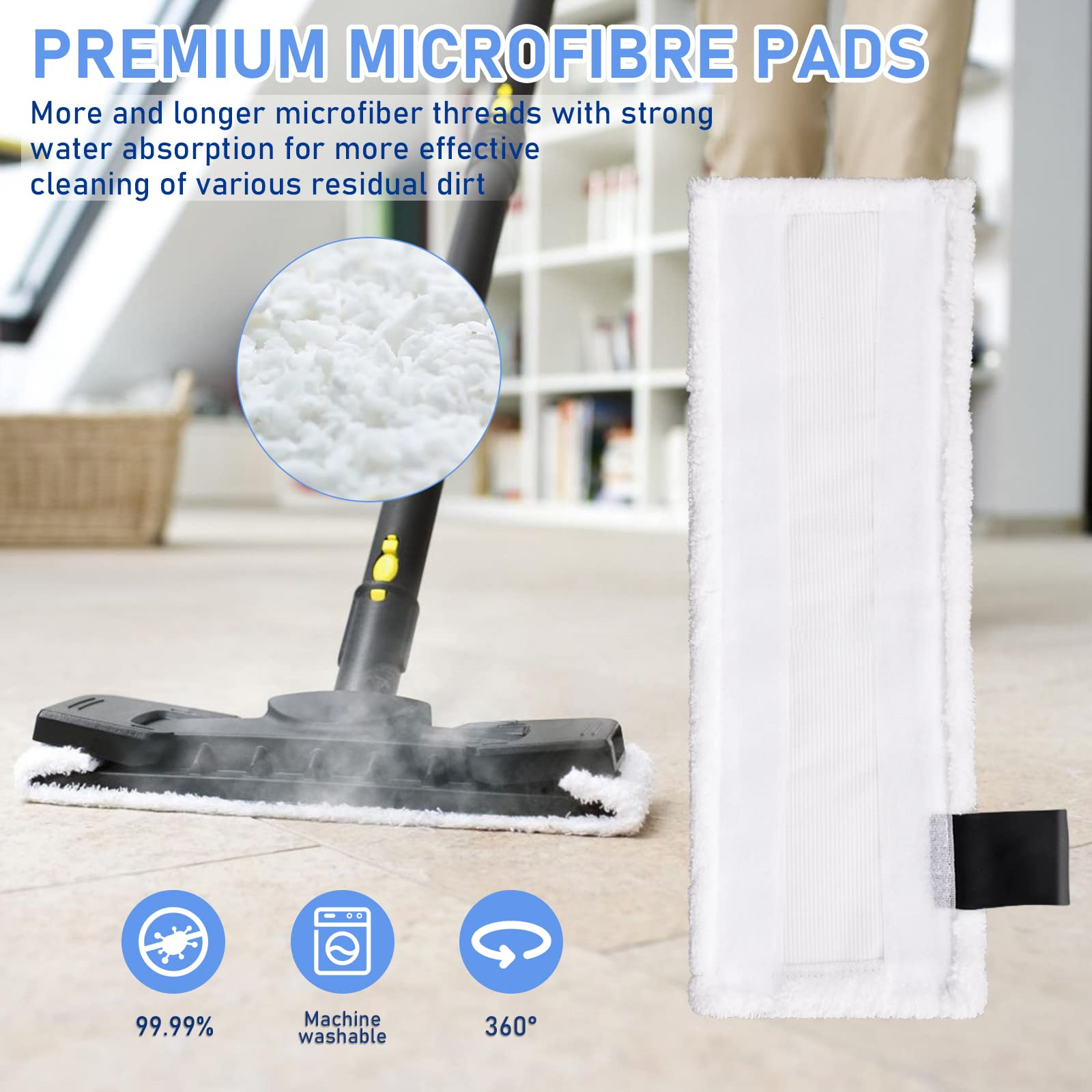 Weiße Mikrofaserpads und Reinigungsmaschine. Die Reinigungsmaschine steht auf einem Fliesenboden.