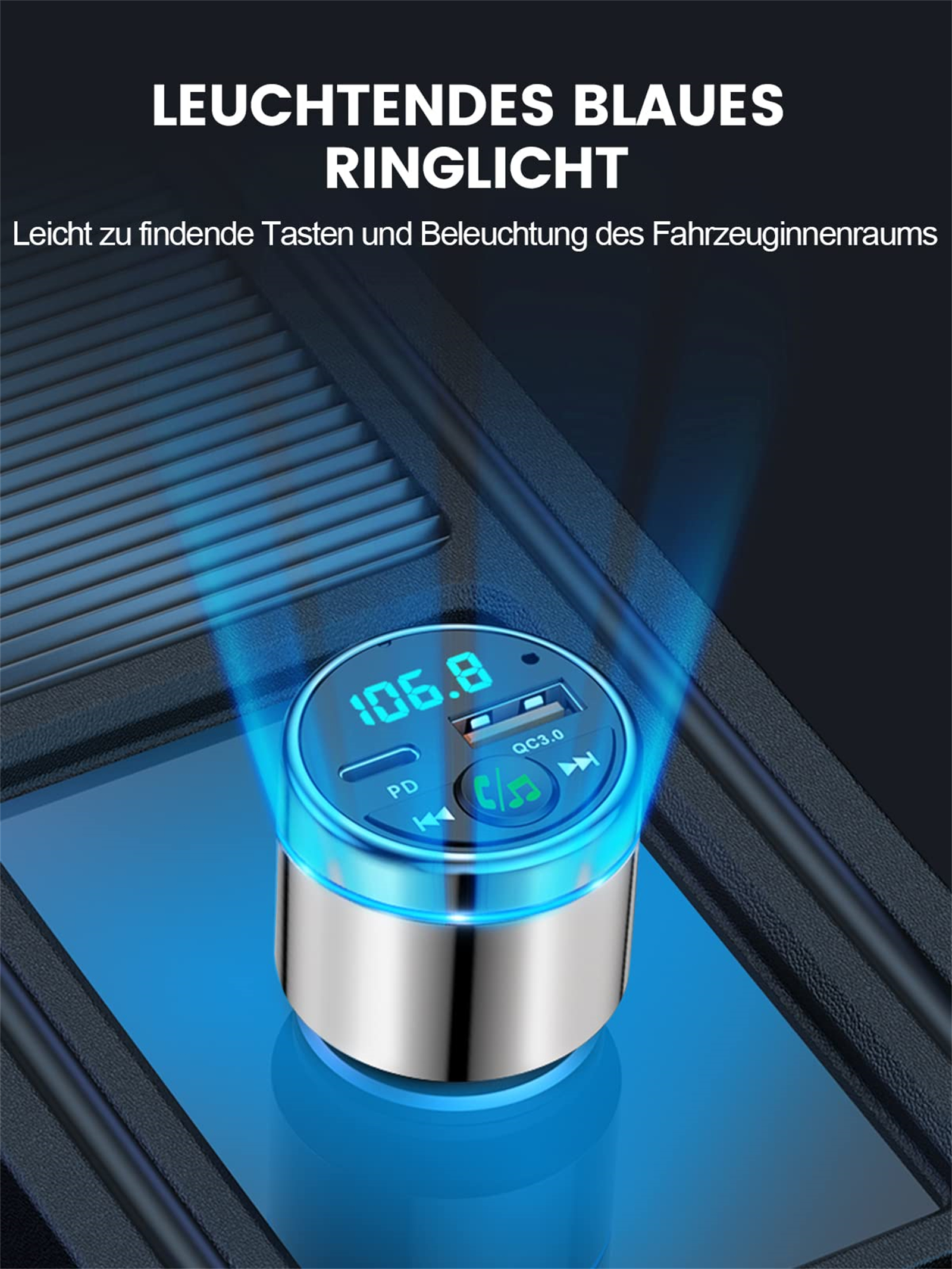 Silberner Auto-Adapter mit Bildschirm. Blaues Licht scheint darauf.