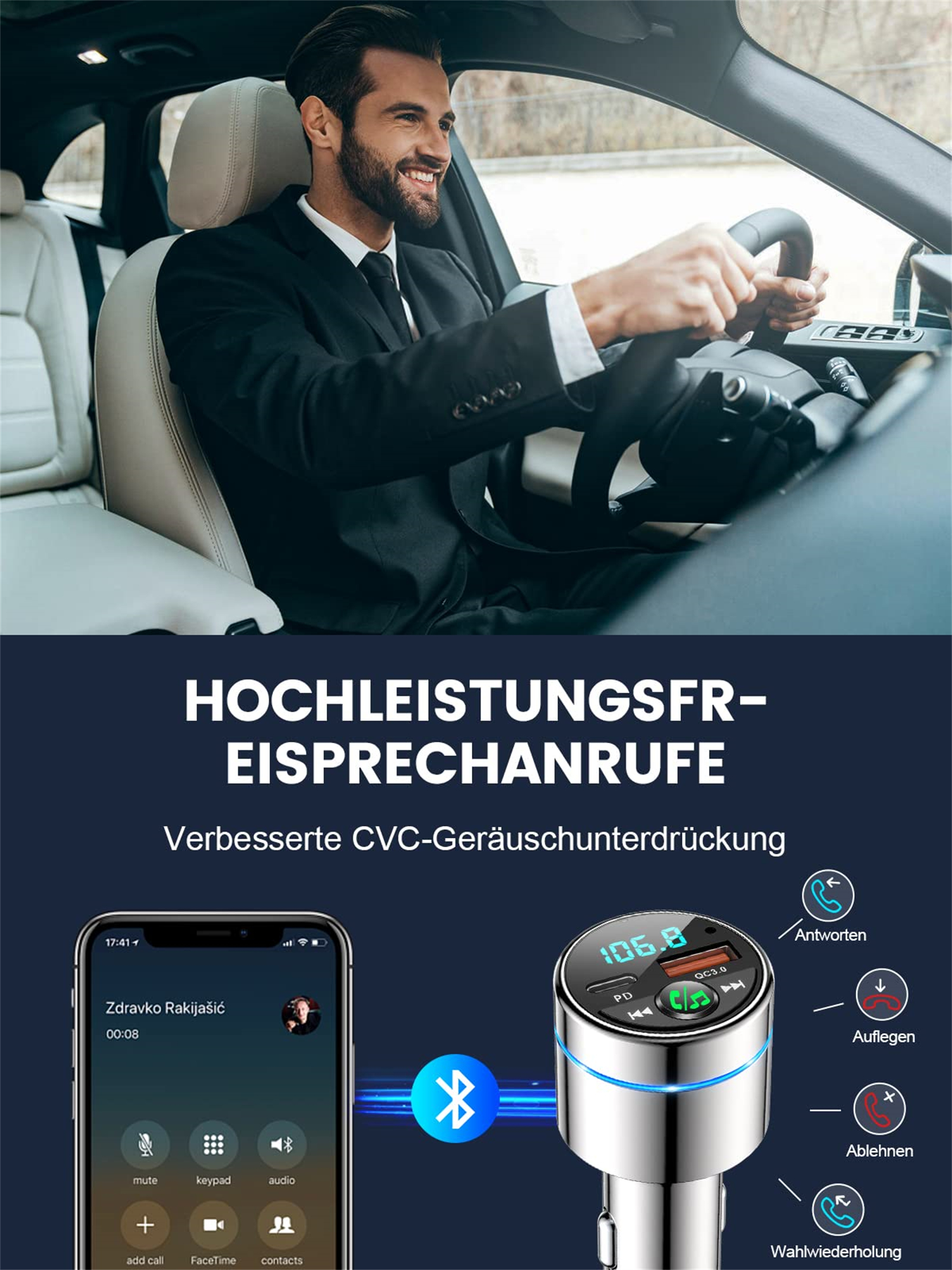 Ein Mann in einem Auto, der ein Telefon benutzt. Ein Bluetooth-Gerät ist mit dem Telefon verbunden.