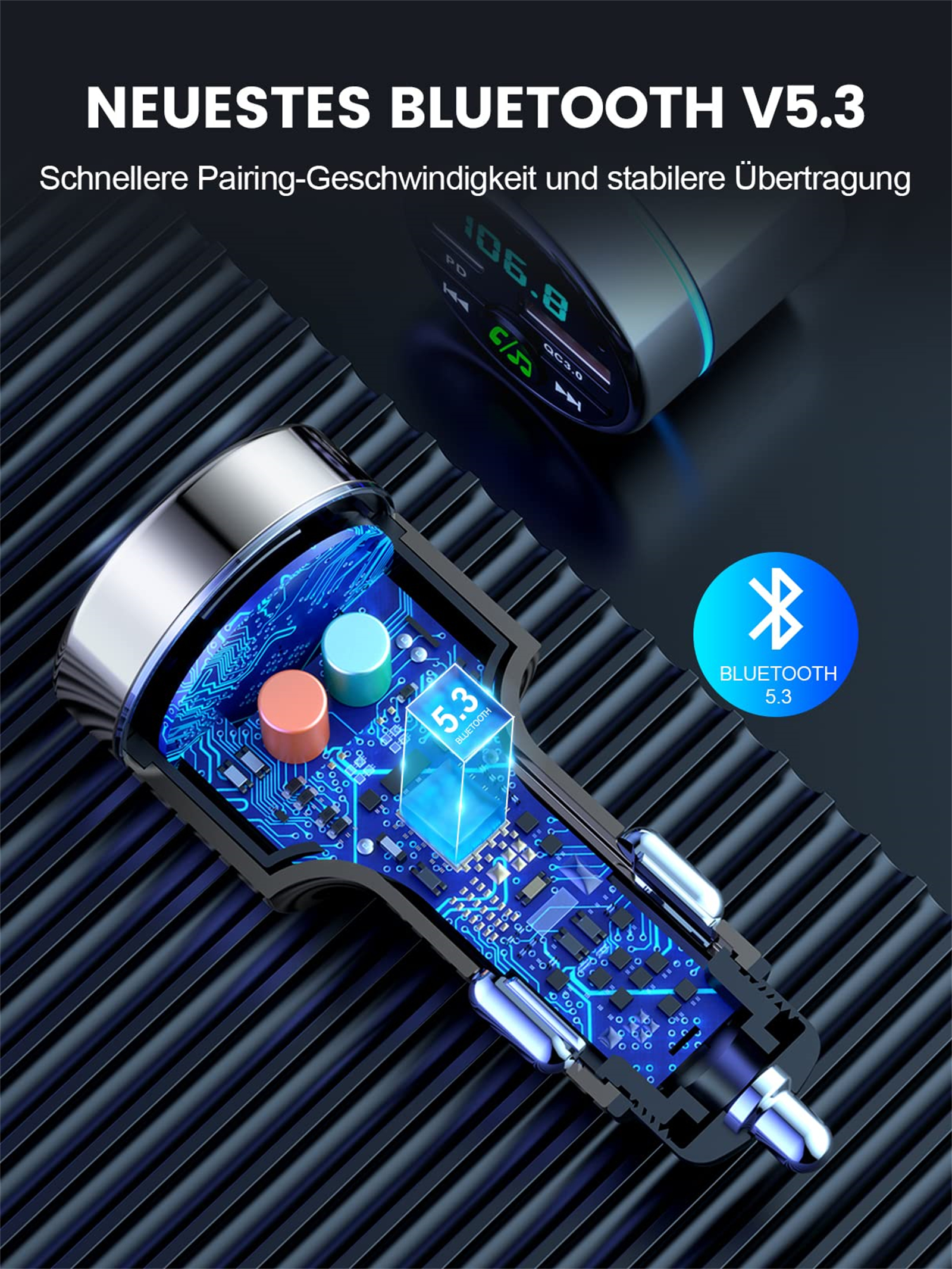 Silberner Auto-Adapter, interne Komponenten sichtbar. Text: Bluetooth 5.3.