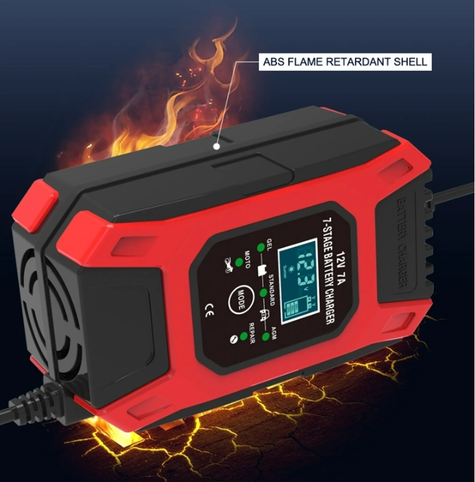 Rotes und schwarzes Batterieladegerät, Flammen-Grafik. Text: ABS-Flammenhemmerschale.