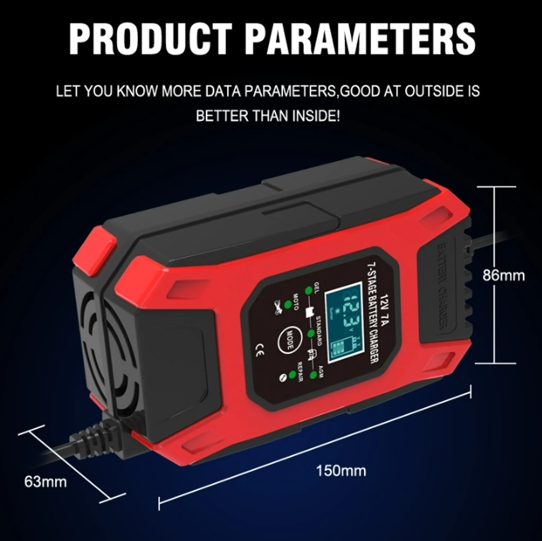 Rotes und schwarzes Batterieladegerät mit Abmessungen. Text: Produktparameter, 150 mm x 86 mm x 63 mm.