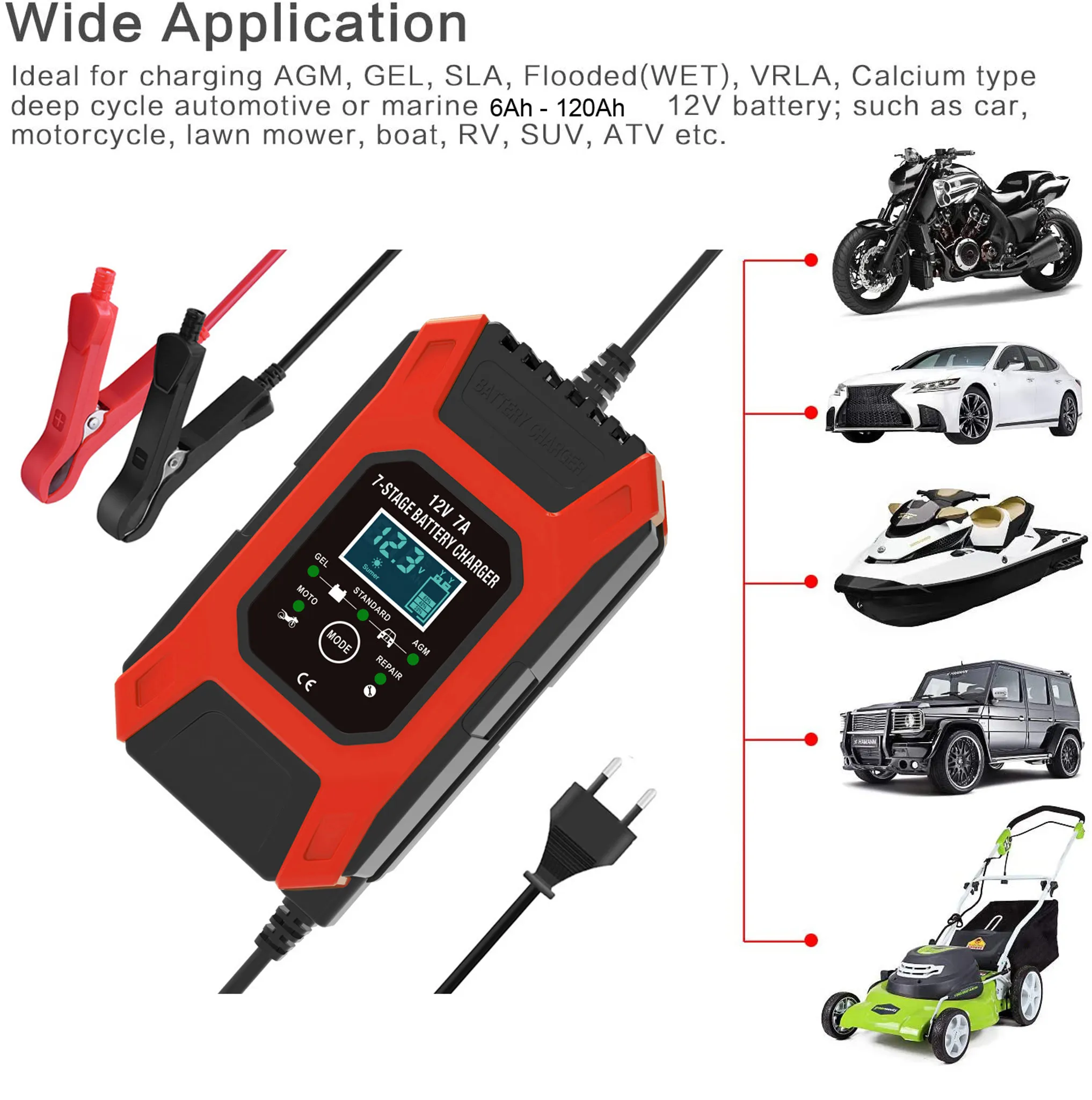Rotes und schwarzes Batterieladegerät neben verschiedenen Fahrzeugen: Auto, Motorrad, Boot usw.