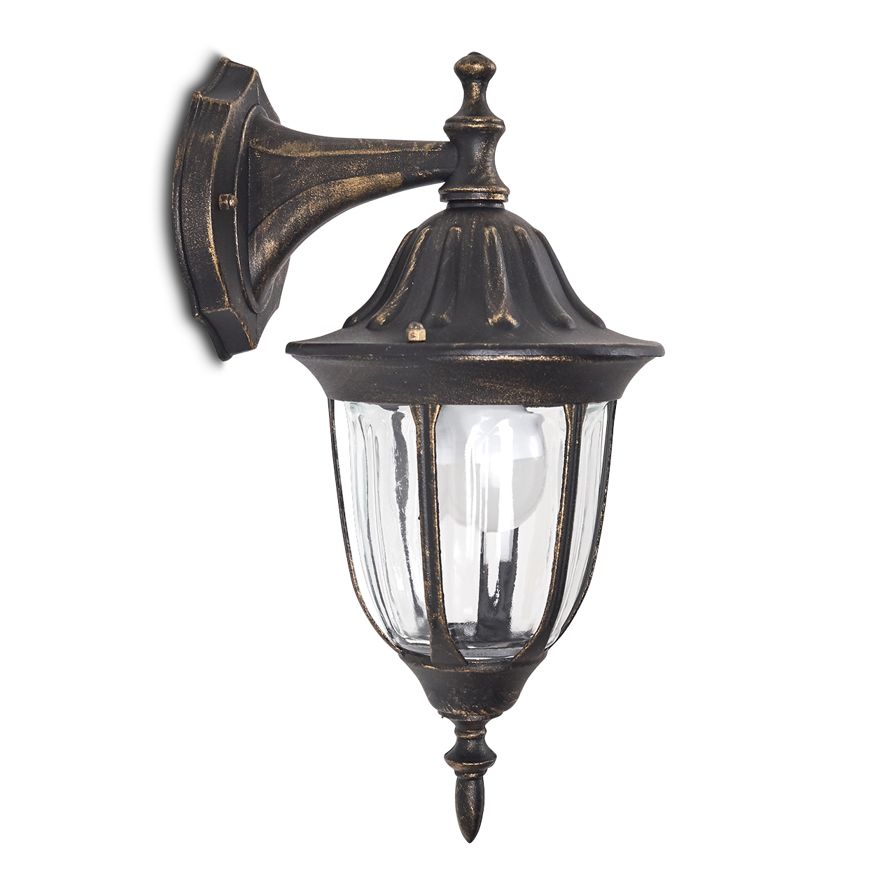 Außenwandleuchte mit Glasschirm und verziertem, bronzefarbenem Metallwerk.