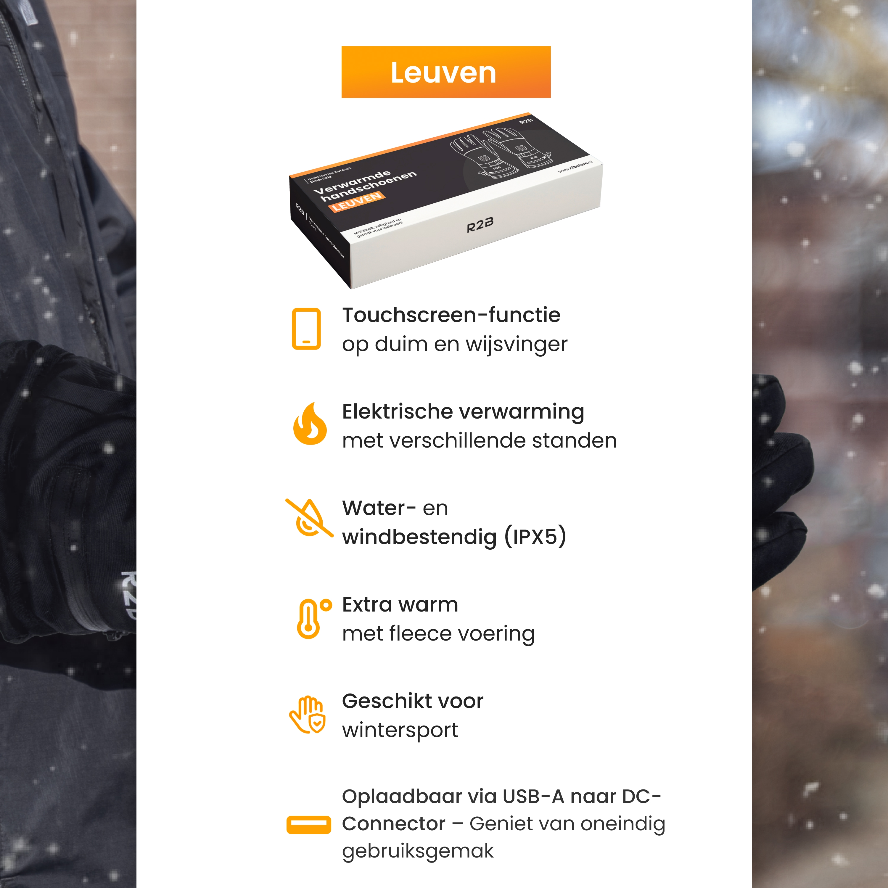 Heated gloves box with features: touch screen, electric heating, water-resistant, extra warm, for winter sports.