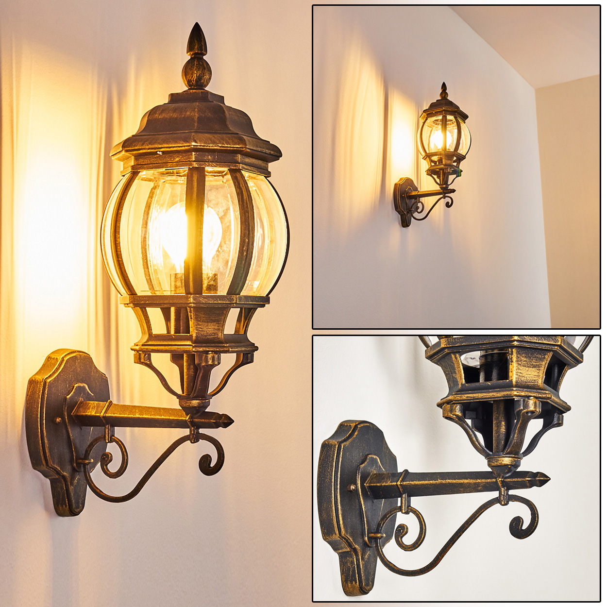 Mehrere Bilder von Außenwandleuchten mit Glasschirmen und Bronzedetails.